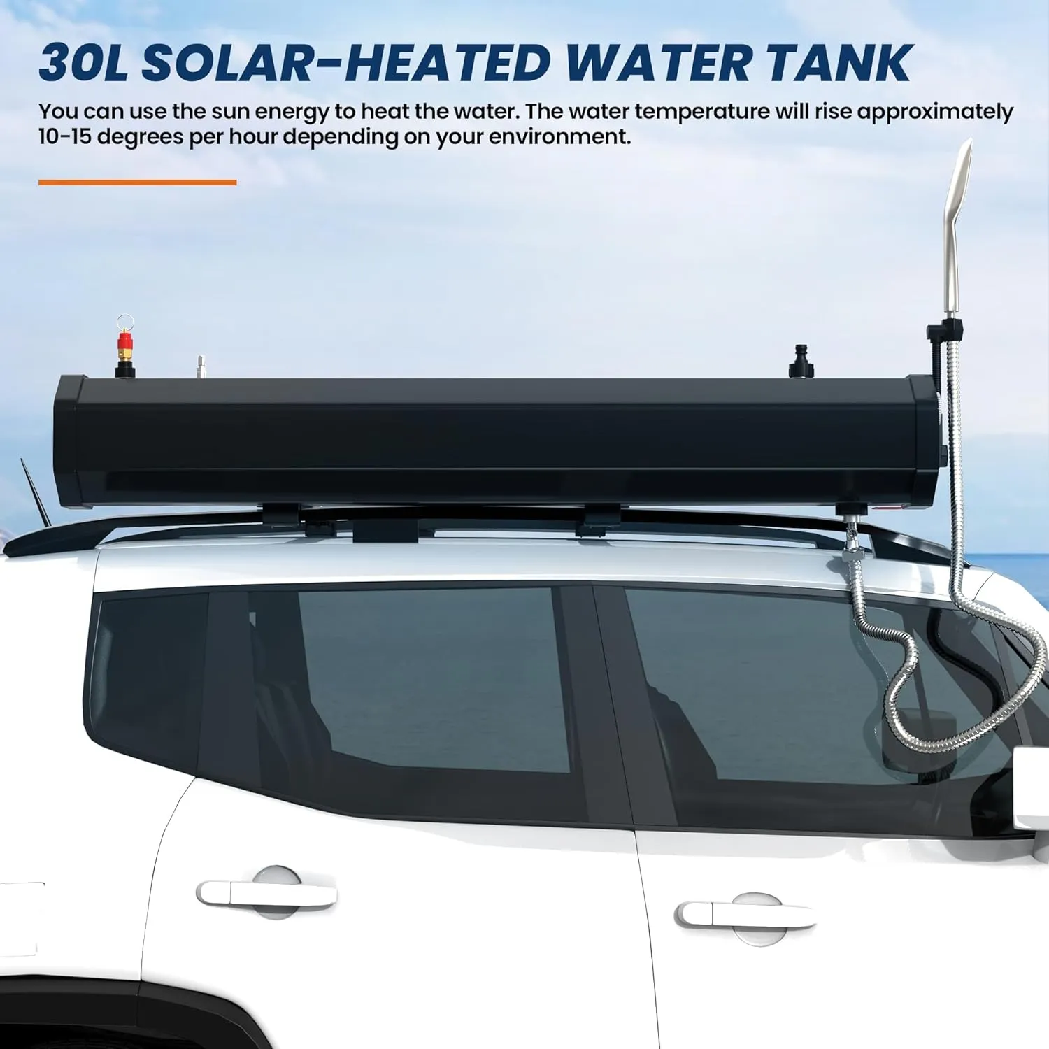 Road Camping Shower 8 Gallon/30L Pressurized Water Tank with Temperature Device for Overlanding, Water Store, Outdoors Activities Compatible for Off-Road Vehicles Pick-ups Trucks SUV
