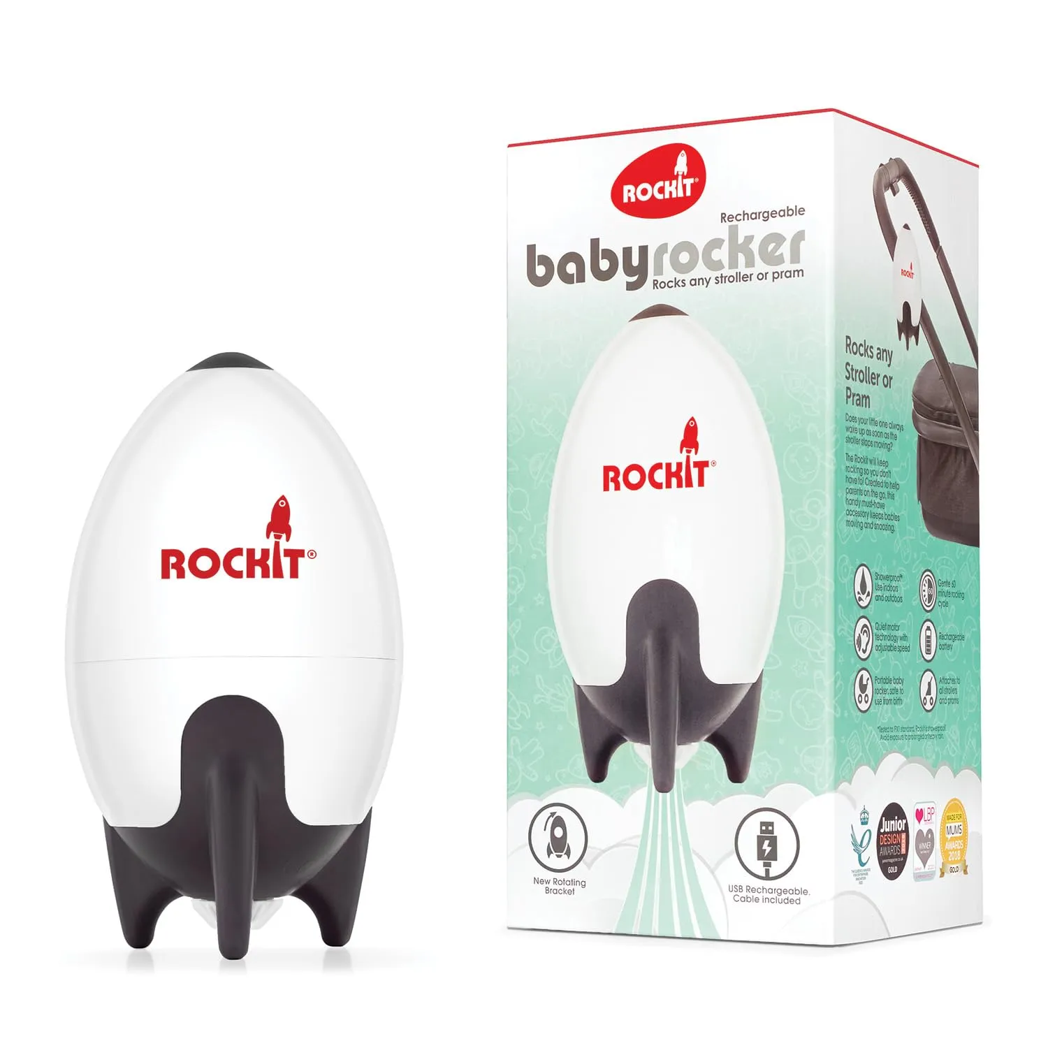 Rockit Rocker USB Rechargeable - Rock-It The Original Portable Baby Rocker Sleep Aid Gently Rocks Stroller or Buggy - Adjustable Speed 60-Min Timer - Fits Pushchairs & Prams Creates Automatic Bouncer