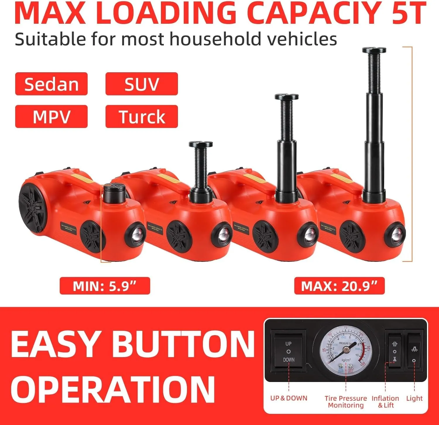 ROGTZ Upgraded Electric Car Jack Kit 5 Ton Floor Jack Hydraulic with Power Impact Wrench and Tire Inflator Pump,Car Lift for Sedan SUV MPV (Red)