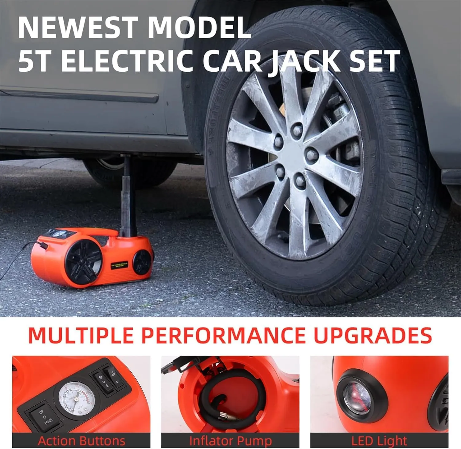 ROGTZ Upgraded Electric Car Jack Kit 5 Ton Floor Jack Hydraulic with Power Impact Wrench and Tire Inflator Pump,Car Lift for Sedan SUV MPV (Red)