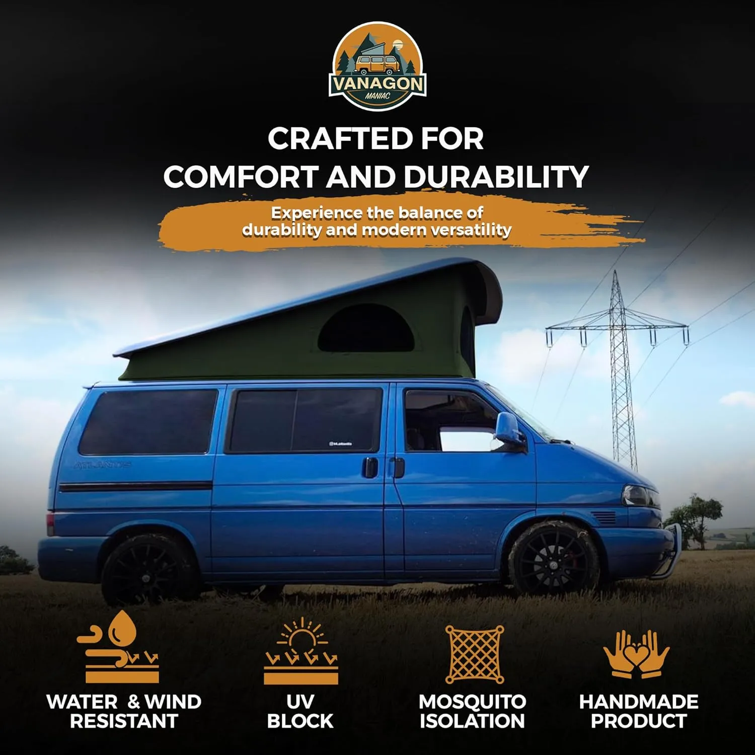 Roof Top Tent Camping 3 Window Roof Tent Pop Top Camper Canvas Compatible with VW T4 Eurovan Weekender Short Wheel Based SWB Camper - 2 Person Rooftop Tents