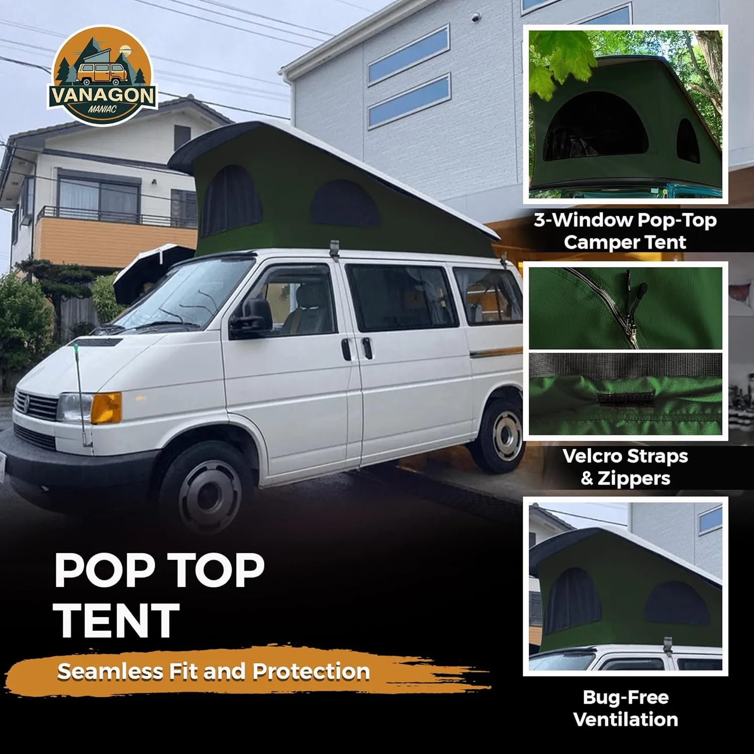 Roof Top Tent Camping 3 Window Roof Tent Pop Top Camper Canvas Compatible with VW T4 Eurovan Weekender Short Wheel Based SWB Camper - 2 Person Rooftop Tents