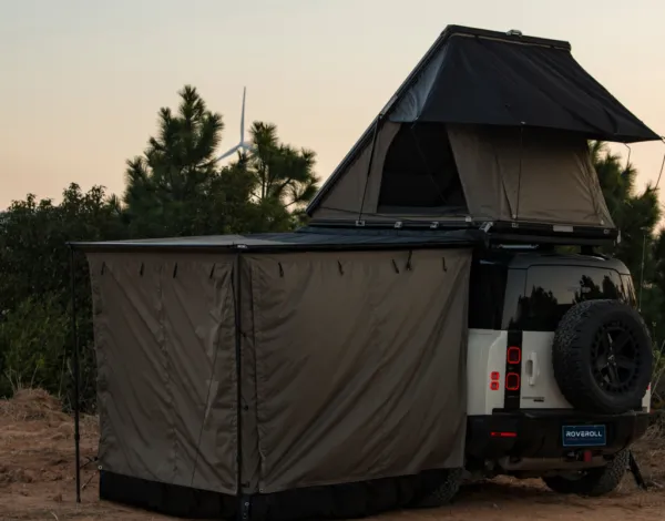 Roveroll Tri-Clam Shell Roof Top Tent | Taupe Body & Black Rainfly 47" | Durable SUV Roof Tent