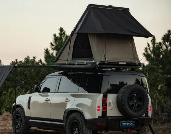 Roveroll Tri-Clam Shell Roof Top Tent | Taupe Body & Black Rainfly 47" | Durable SUV Roof Tent