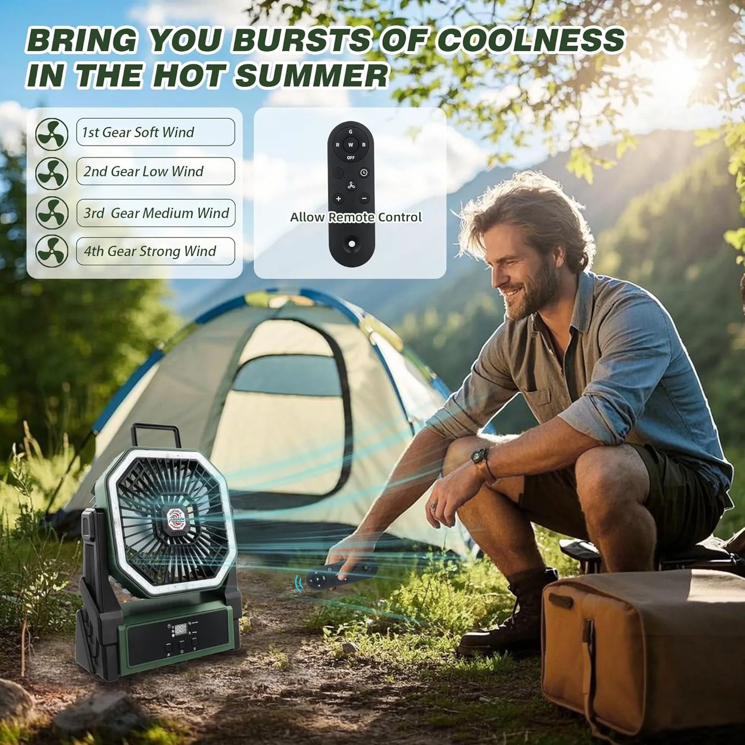 Roykaw Portable Fan Rechargeable 20000 mAh Battery Powered, Cordless Camping Fan 36  Hrs Work, w/Ultra-bright LED Lights & Display, Fit for Travel, Fishing, Golfing, Bedroom, Hurricane, Army Green