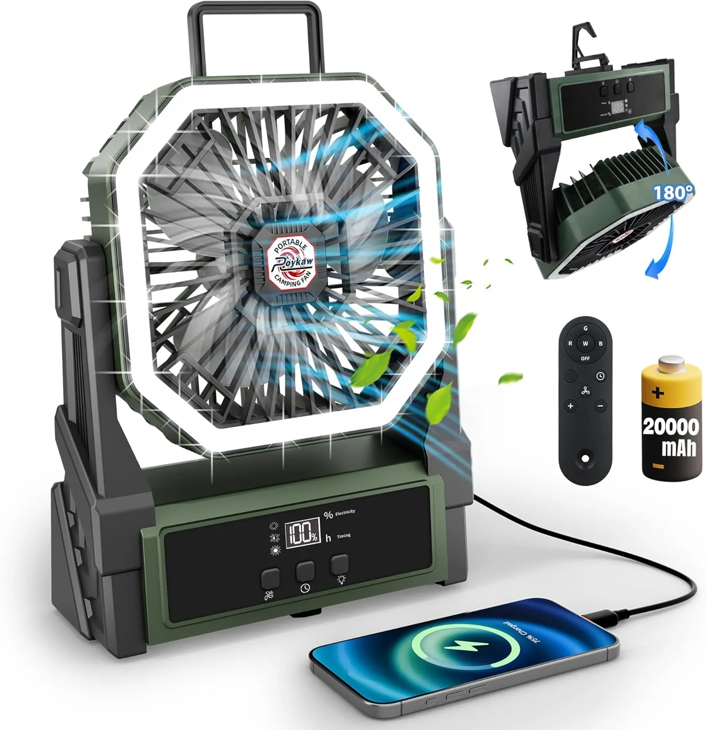 Roykaw Portable Fan Rechargeable 20000 mAh Battery Powered, Cordless Camping Fan 36  Hrs Work, w/Ultra-bright LED Lights & Display, Fit for Travel, Fishing, Golfing, Bedroom, Hurricane, Army Green