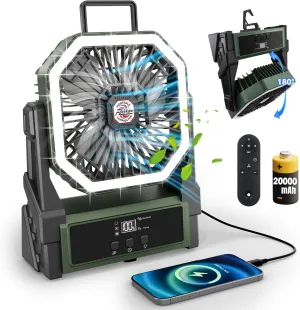 Roykaw Portable Fan Rechargeable 20000 mAh Battery Powered, Cordless Camping Fan 36  Hrs Work, w/Ultra-bright LED Lights & Display, Fit for Travel, Fishing, Golfing, Bedroom, Hurricane, Army Green