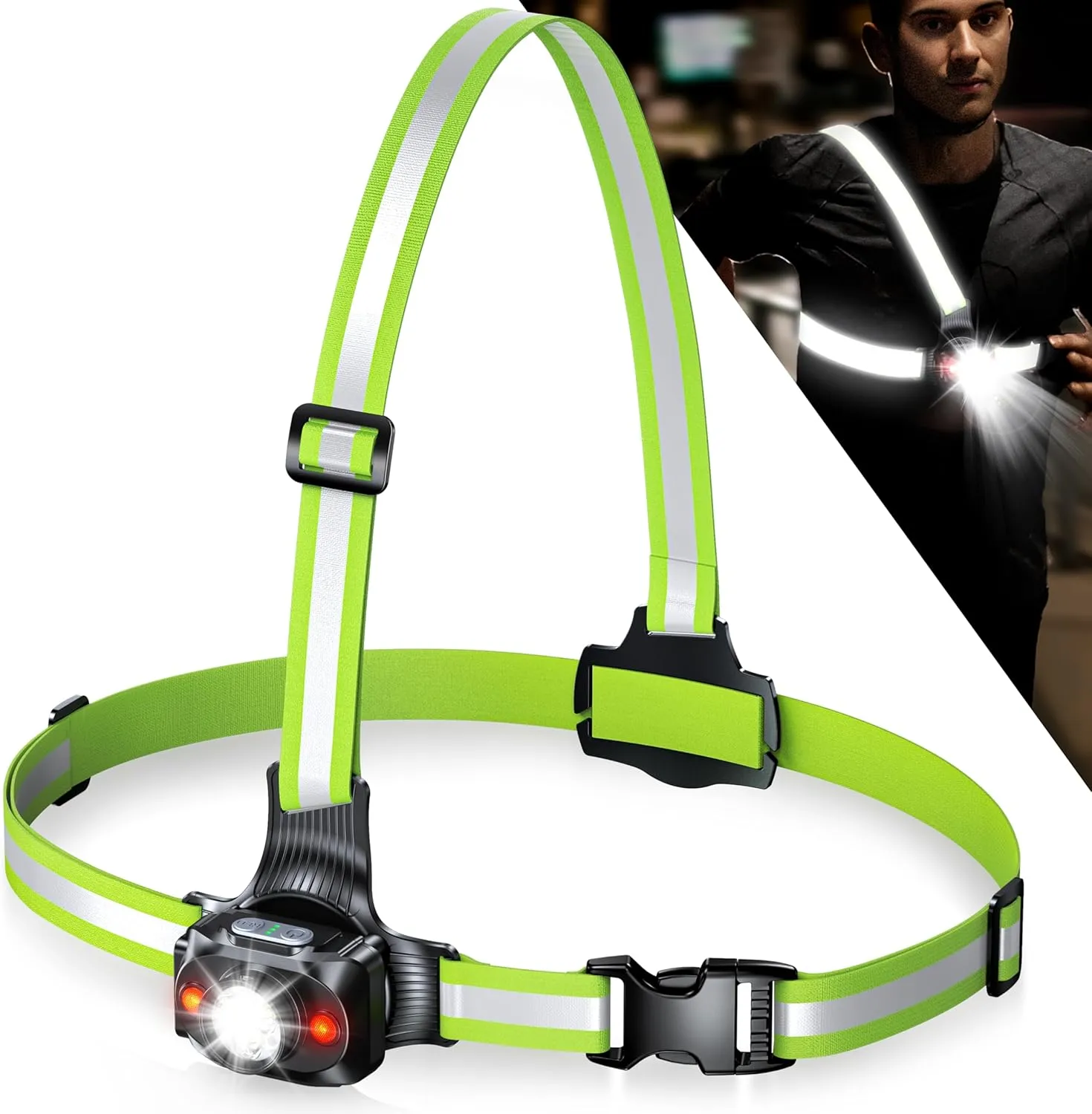 Running Lights for Runners, 500 Lumens Running Light with 360° Reflective Straps, IPX4 Waterproof & USB Rechargeable, 45° Adjustable Chest Running Light Vest for Night Walking, 4-16h Use Time
