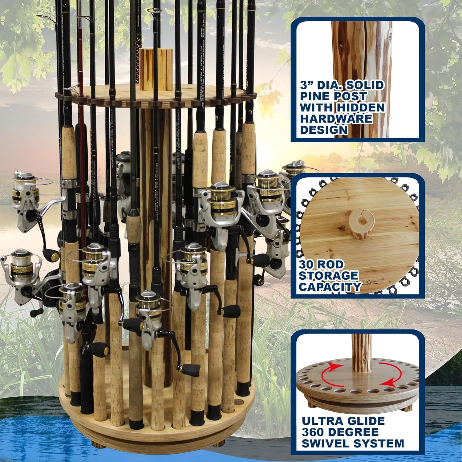 Rush Creek Creations Fishing Rod Holder - 360 Spinning Rack for Garage Organization and Storage, Pole Holder for Reels, Gear, Accessories, Tackle Box