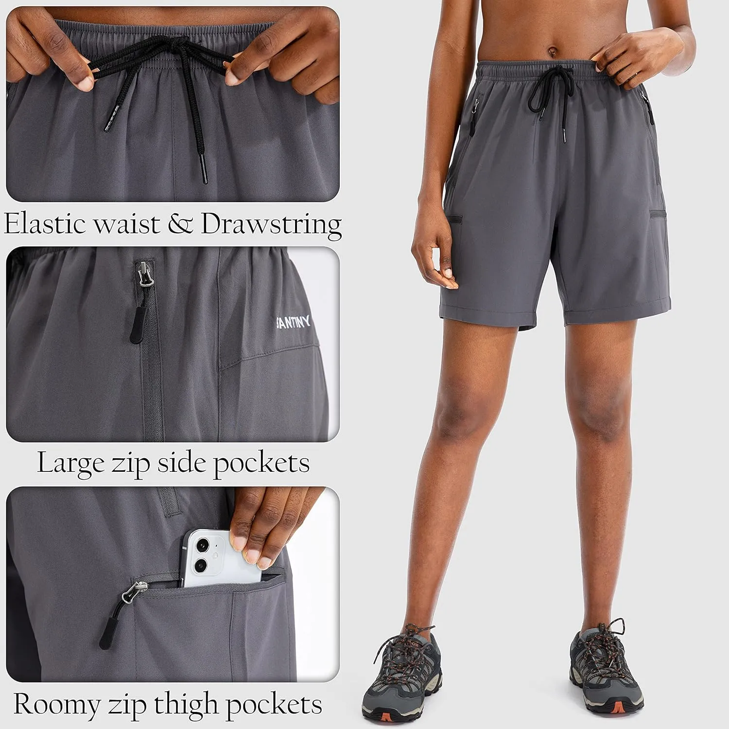 SANTINY Women's 5''/ 7''/9'' Hiking Cargo Shorts Quick Dry Lightweight Summer Shorts for Women Athletic Golf Zipper Pockets