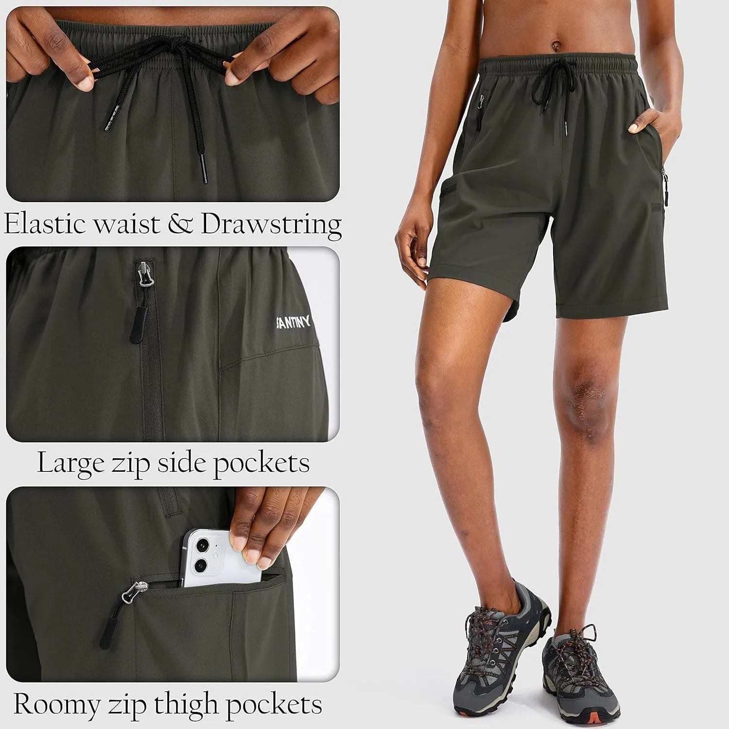 SANTINY Women's 5''/ 7''/9'' Hiking Cargo Shorts Quick Dry Lightweight Summer Shorts for Women Athletic Golf Zipper Pockets