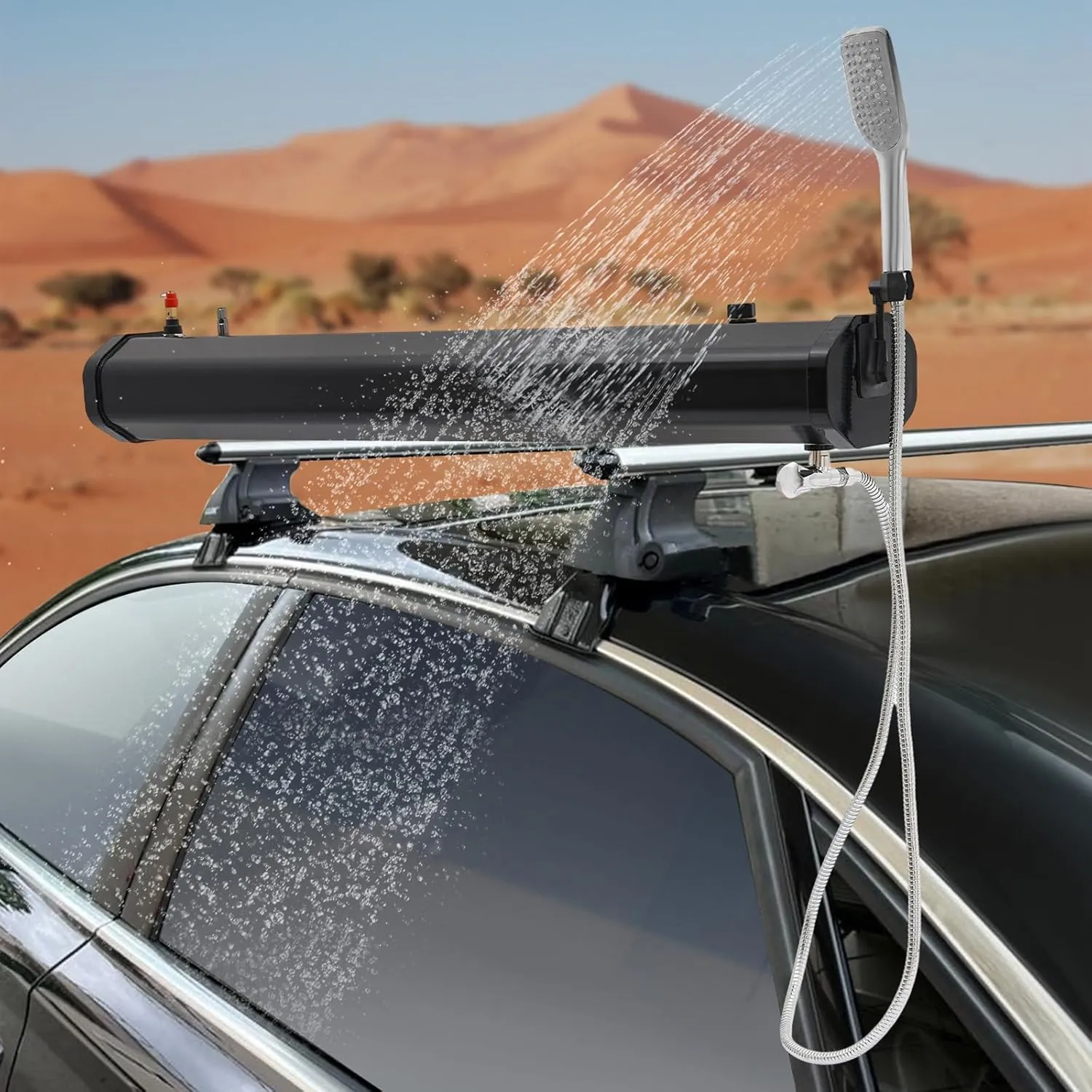 Self-Pressurized Water Tank for Camping Shower, 7.9 Gallons Portable Camping Shower with Shower Head and Water Hose, Outdoor Roof Rack Shower Solar Car Shower for Vehicles,Trucks,SUV