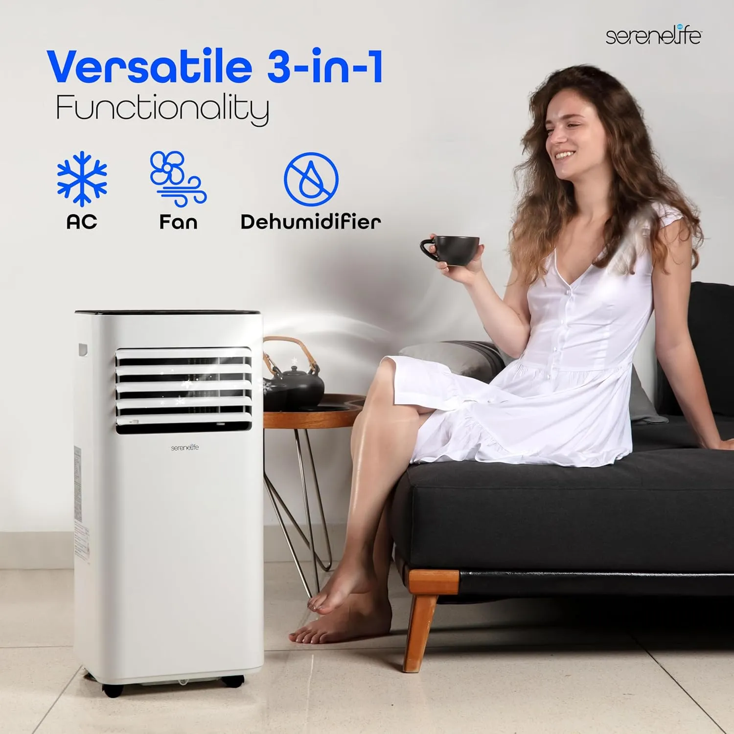 SereneLife SLPAC180W Portable Conditioner-3-in-1 Compact Standing Air Conditioner for Room Up to, Floor AC Unit with Remote Control, Universal Casters, Window Mount Kit