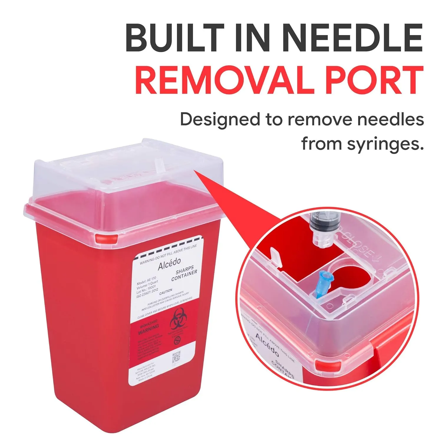 Sharps Container for Home Use and Professional 1 Quart (3-Pack) by Alcedo | Biohazard Needle and Syringe Disposal | Small Portable Container for Travel
