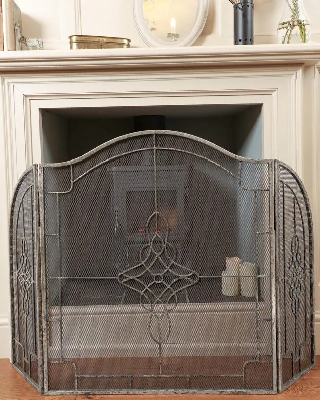 Silver Three Panel Folding Fire Screen