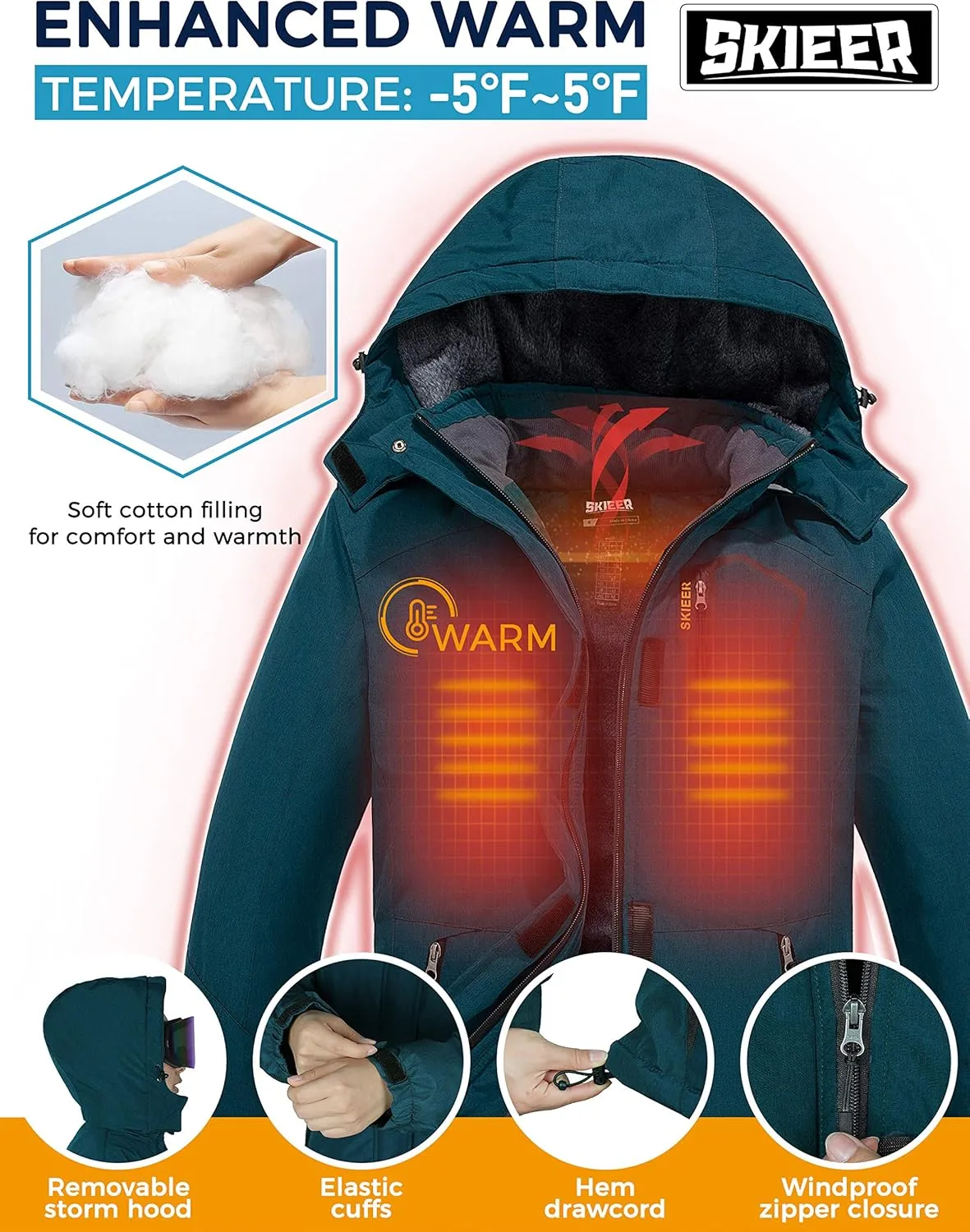 Skieer Women's Waterproof Ski Jacket Warm Winter Coat Fleece Snowboarding Coat