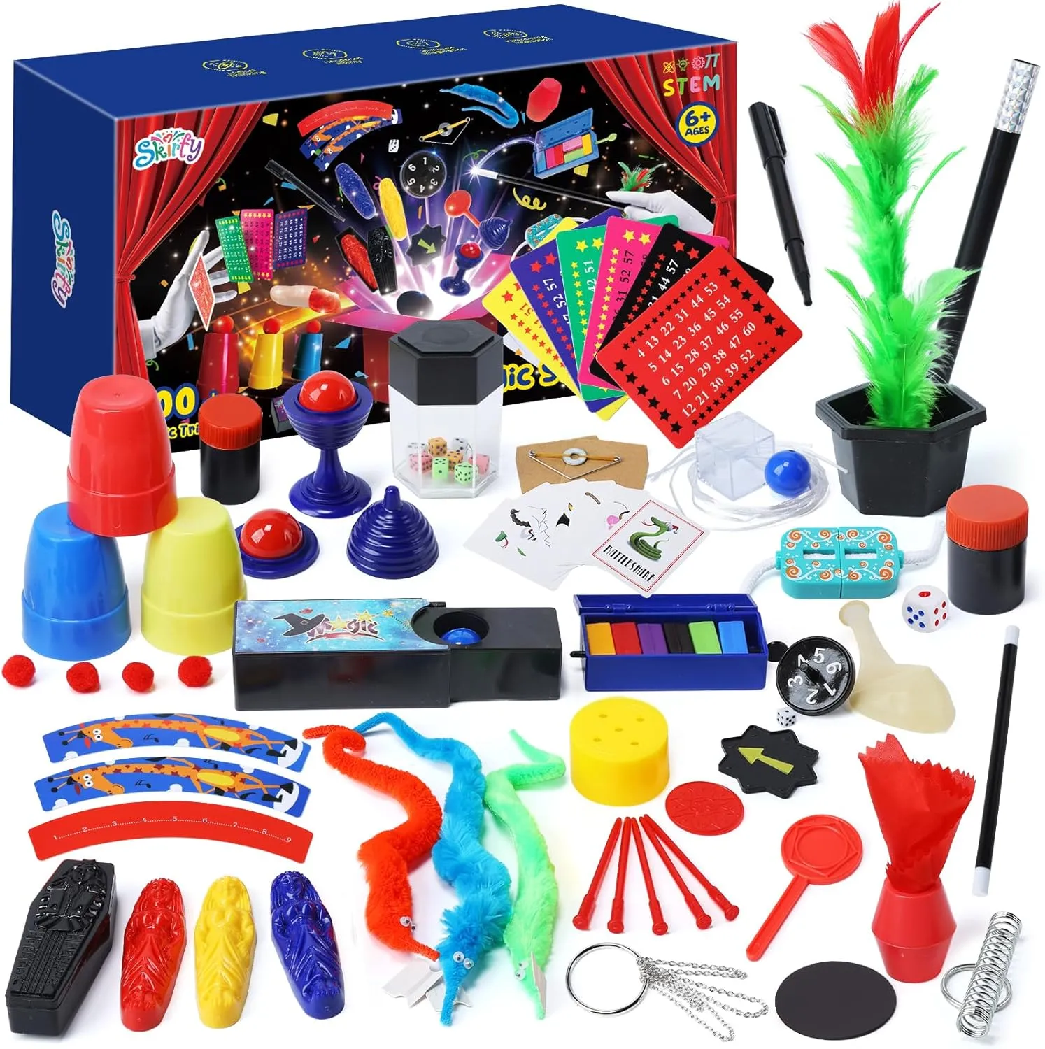 Skirfy Magic Starter Kit - 100  Tricks for Kids Age 6-10, Includes Dice Magic Trick, Magic Wand