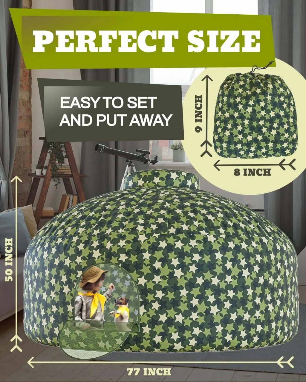 Skywin-Air Tent for Kids, Inflatable Tent for Kids, Playhouse with Door - 77x50 Inches Blow Up, Sets Up and Stores Away in Seconds (Fan NOT Included) (Space Style with Door) (Camo Star Green)