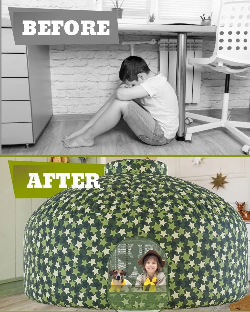 Skywin-Air Tent for Kids, Inflatable Tent for Kids, Playhouse with Door - 77x50 Inches Blow Up, Sets Up and Stores Away in Seconds (Fan NOT Included) (Space Style with Door) (Camo Star Green)