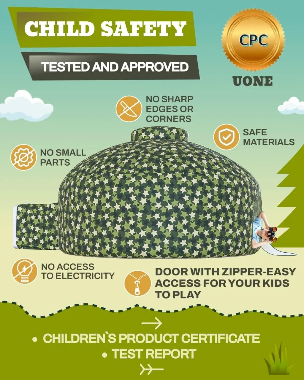 Skywin-Air Tent for Kids, Inflatable Tent for Kids, Playhouse with Door - 77x50 Inches Blow Up, Sets Up and Stores Away in Seconds (Fan NOT Included) (Space Style with Door) (Camo Star Green)