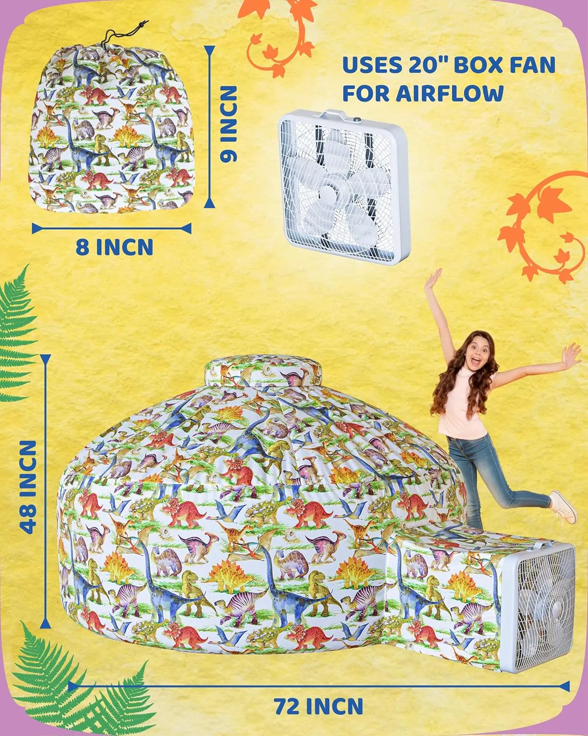Skywin-Air Tent for Kids, Inflatable Tent for Kids, Playhouse with Door - 77x50 Inches Blow Up, Sets Up and Stores Away in Seconds (Fan NOT Included) (Space Style with Door) (Dino)