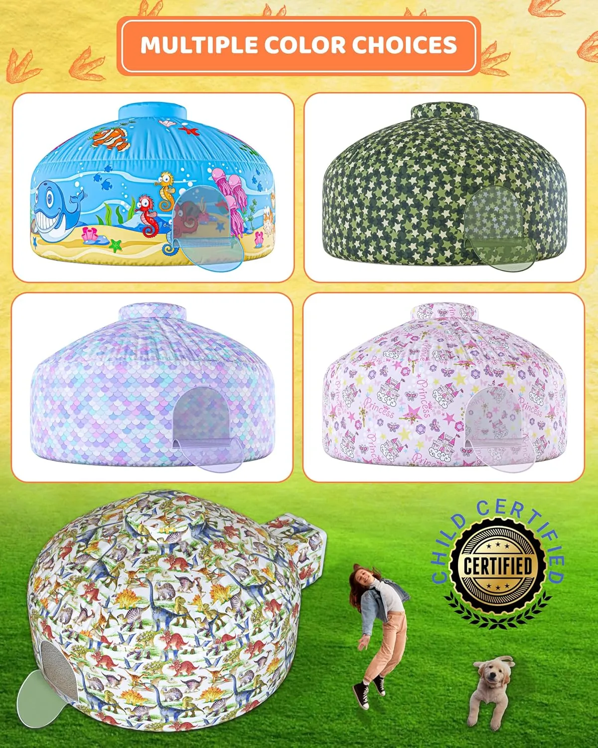 Skywin-Air Tent for Kids, Inflatable Tent for Kids, Playhouse with Door - 77x50 Inches Blow Up, Sets Up and Stores Away in Seconds (Fan NOT Included) (Space Style with Door) (Dino)