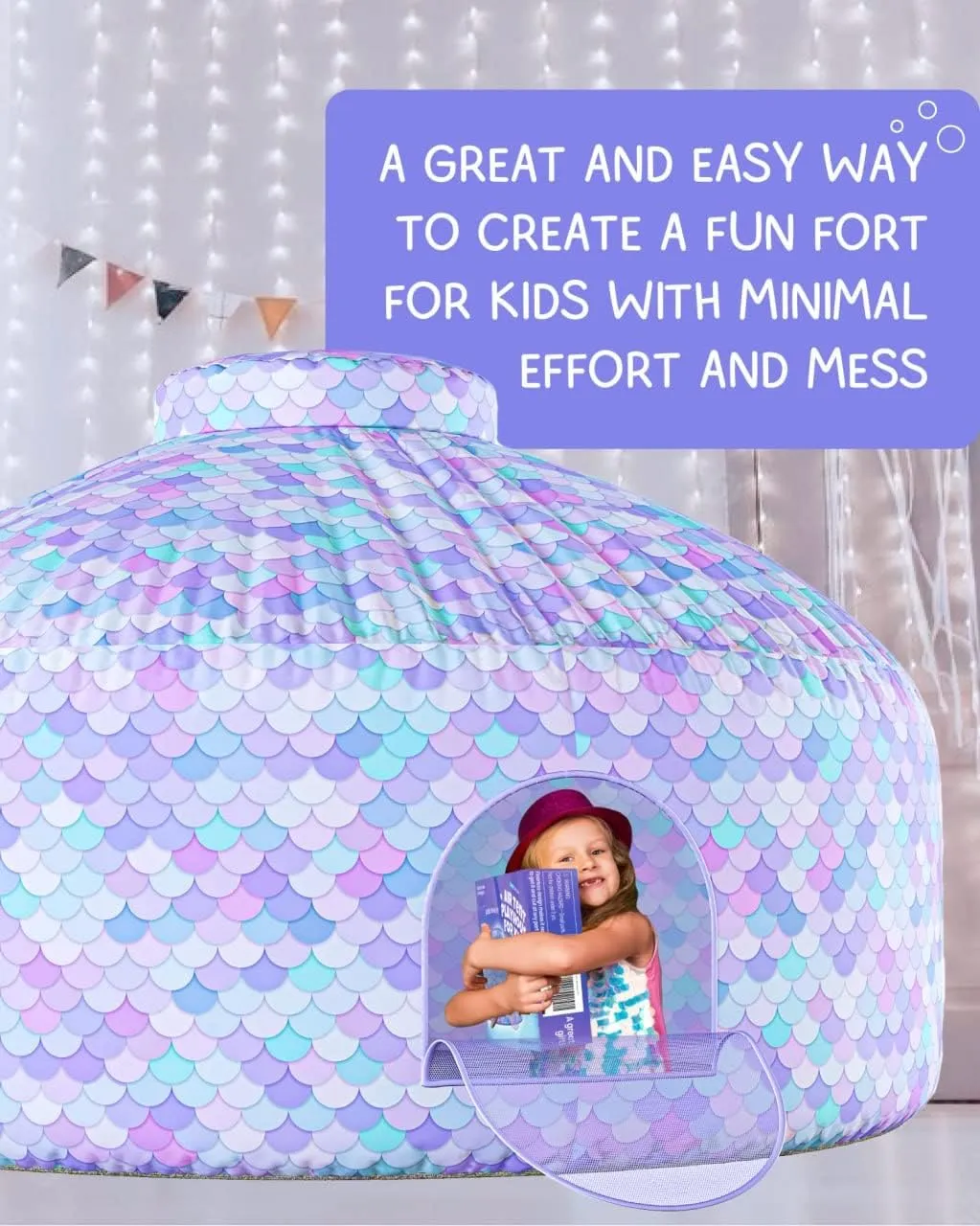 Skywin-Air Tent for Kids, Inflatable Tent for Kids, Playhouse with Door - 77x50 Inches Blow Up, Sets Up and Stores Away in Seconds (Fan NOT Included) (Space Style with Door) (Mermaid)