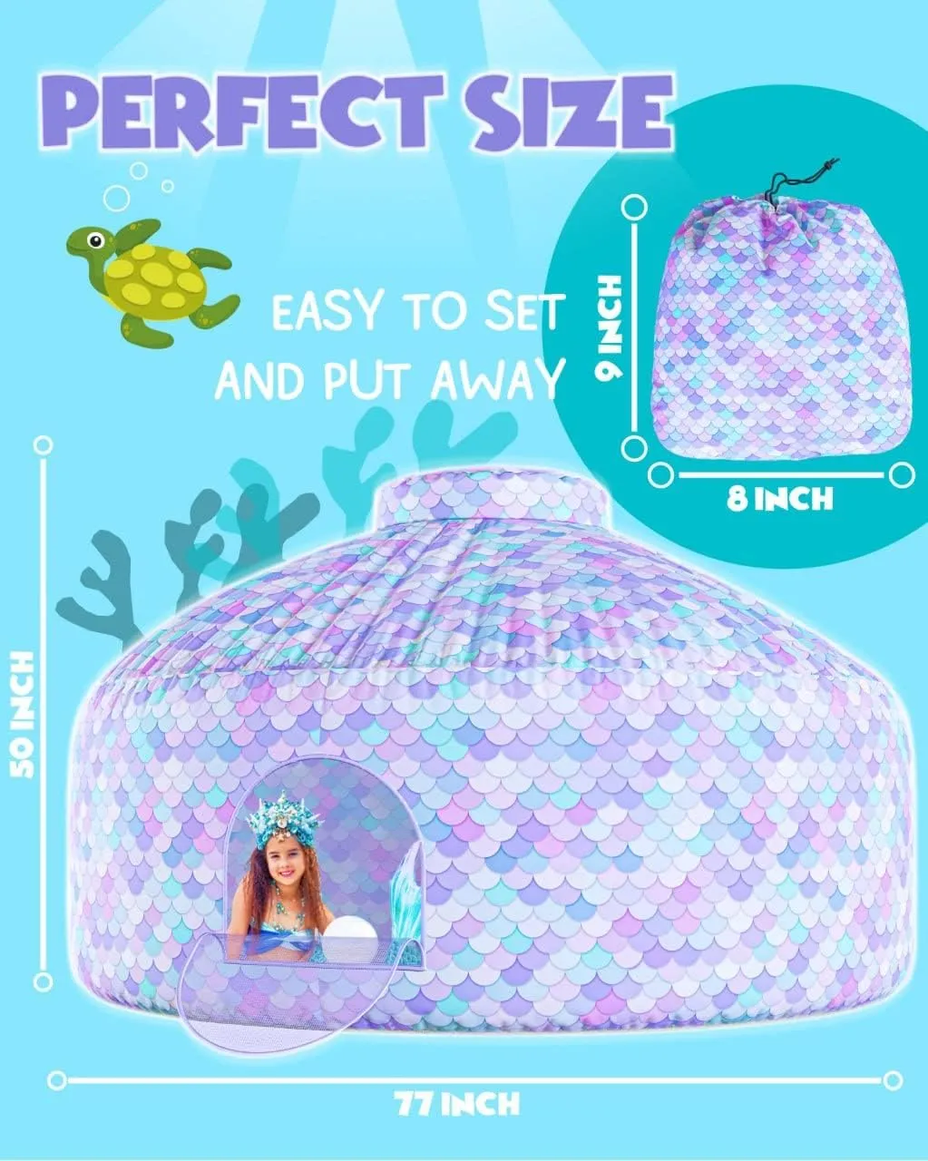 Skywin-Air Tent for Kids, Inflatable Tent for Kids, Playhouse with Door - 77x50 Inches Blow Up, Sets Up and Stores Away in Seconds (Fan NOT Included) (Space Style with Door) (Mermaid)