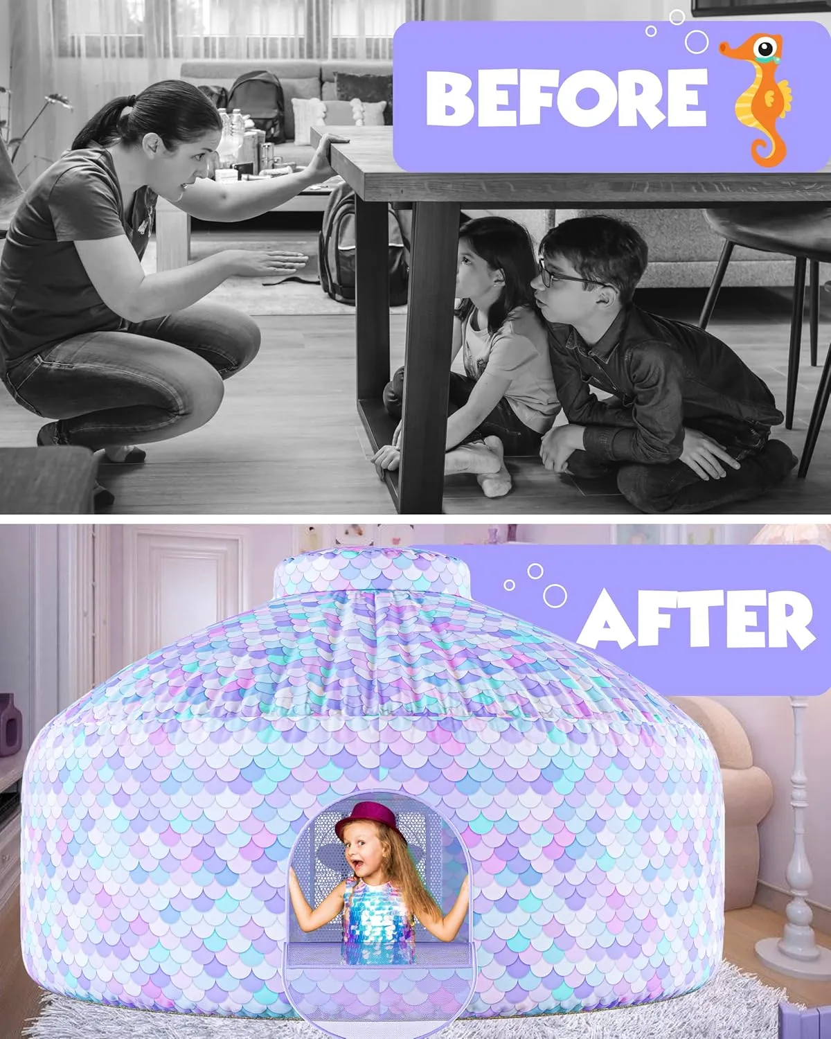 Skywin-Air Tent for Kids, Inflatable Tent for Kids, Playhouse with Door - 77x50 Inches Blow Up, Sets Up and Stores Away in Seconds (Fan NOT Included) (Space Style with Door) (Mermaid)