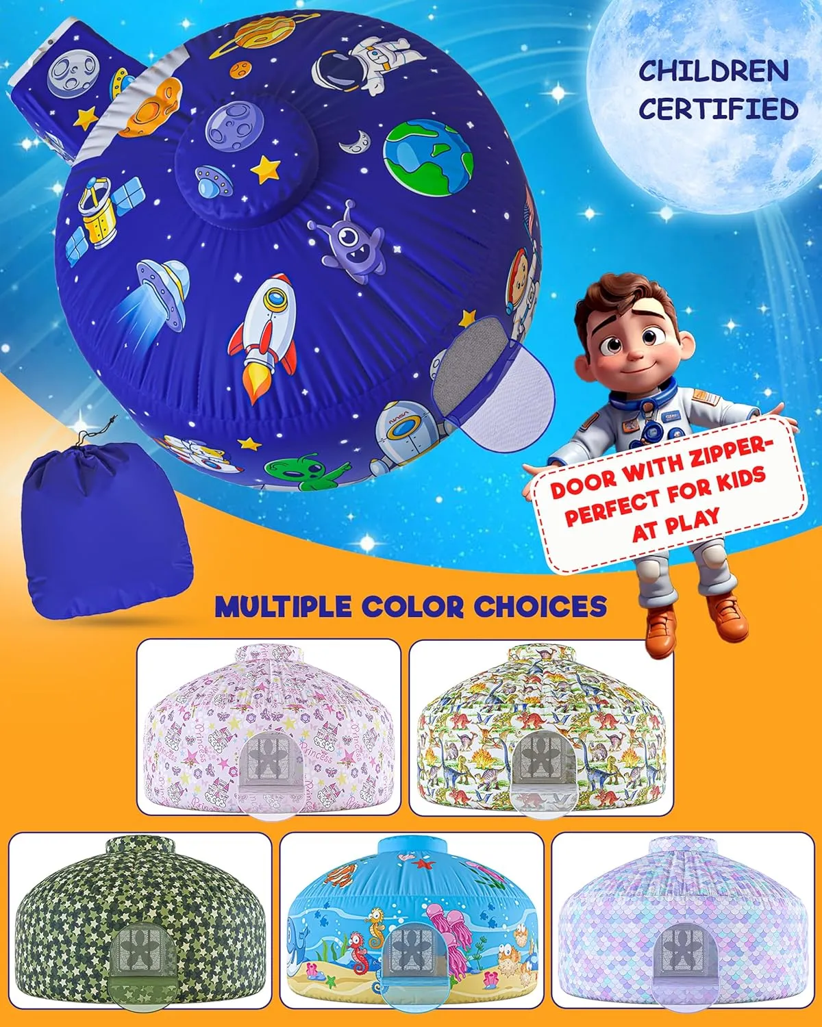 Skywin-Air Tent for Kids, Inflatable Tent for Kids, Playhouse with Door - 77x50 Inches Blow Up, Sets Up and Stores Away in Seconds (Fan NOT Included) (Space Style with Door) (Shinny Space)