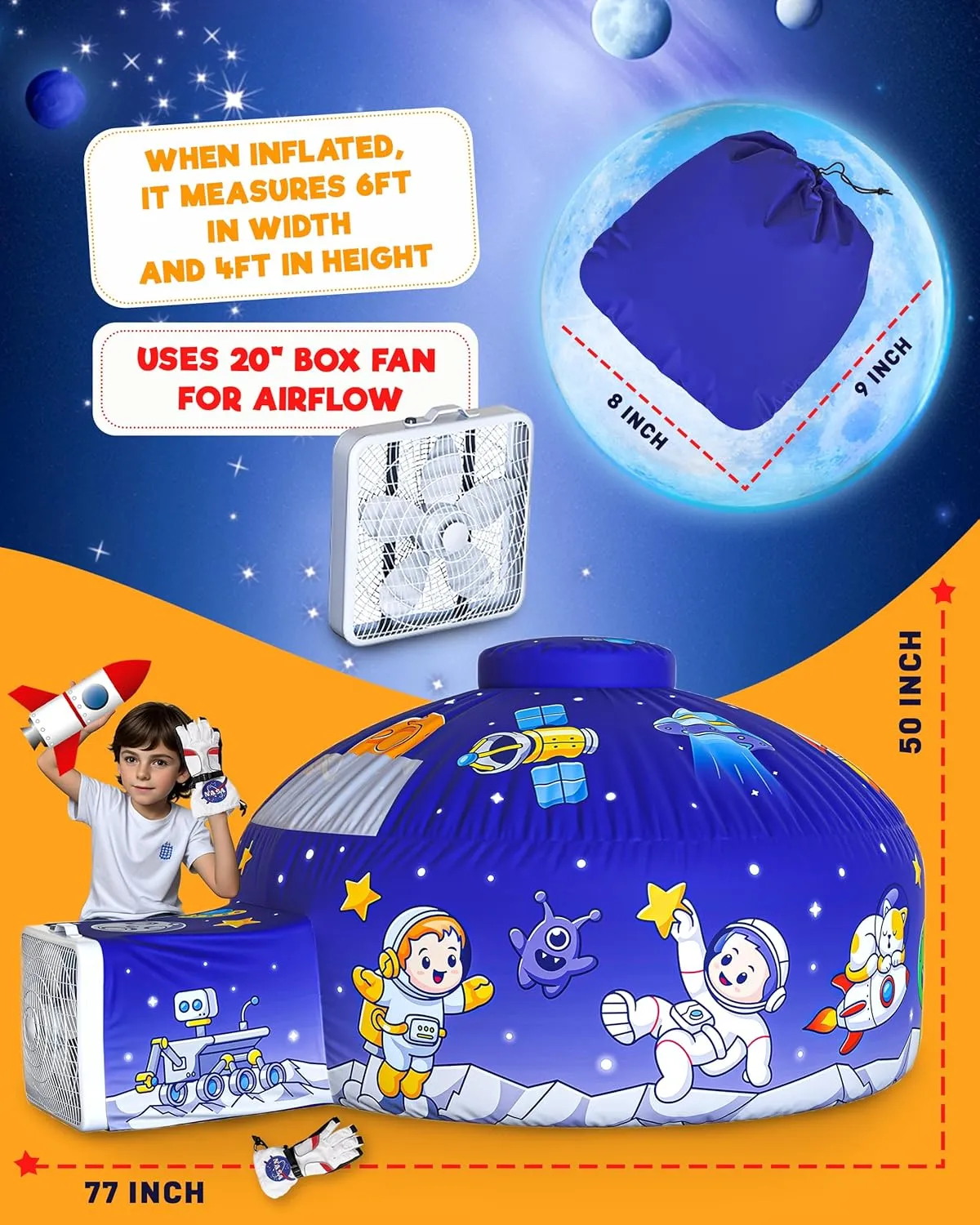 Skywin-Air Tent for Kids, Inflatable Tent for Kids, Playhouse with Door - 77x50 Inches Blow Up, Sets Up and Stores Away in Seconds (Fan NOT Included) (Space Style with Door) (Shinny Space)
