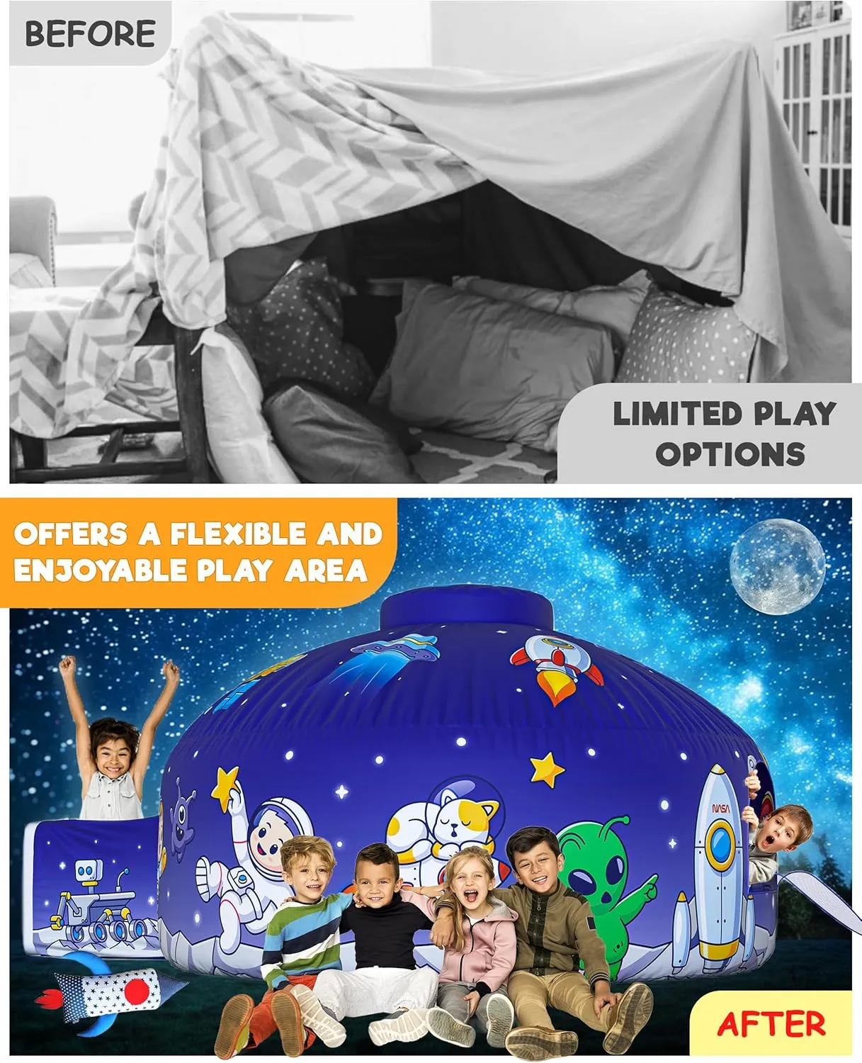 Skywin-Air Tent for Kids, Inflatable Tent for Kids, Playhouse with Door - 77x50 Inches Blow Up, Sets Up and Stores Away in Seconds (Fan NOT Included) (Space Style with Door) (Shinny Space)