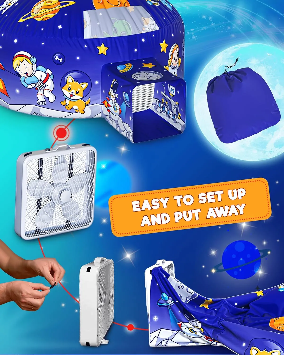 Skywin-Air Tent for Kids, Inflatable Tent for Kids, Playhouse with Door - 77x50 Inches Blow Up, Sets Up and Stores Away in Seconds (Fan NOT Included) (Space Style with Door) (Shinny Space)
