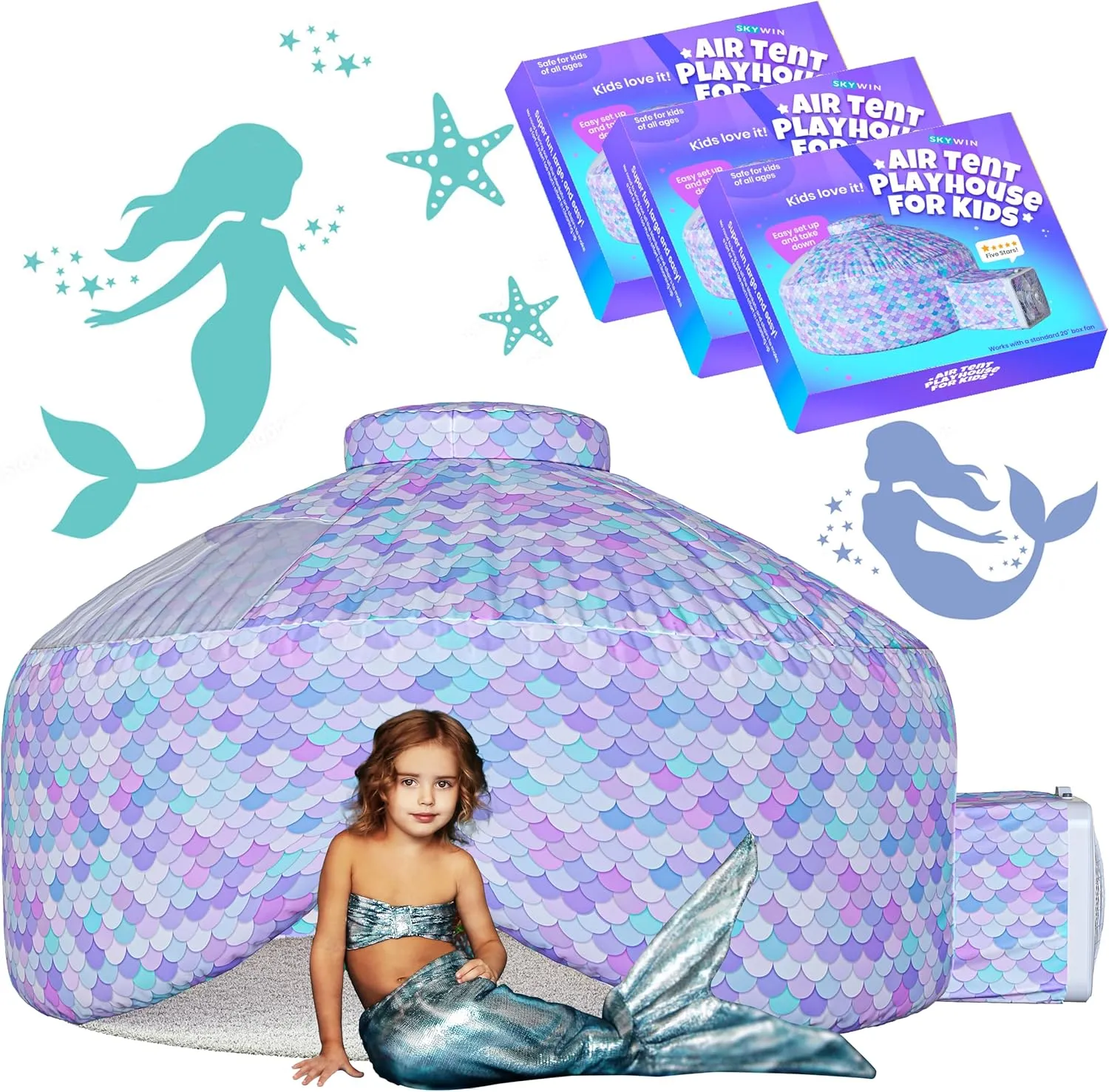 Skywin Air Tent Kids Fort Playhouse Fan Tent (Mermaid) - 3 Pack Improved Inflatable Fort Sets Up and Stores Away in Seconds (Fan NOT Included)