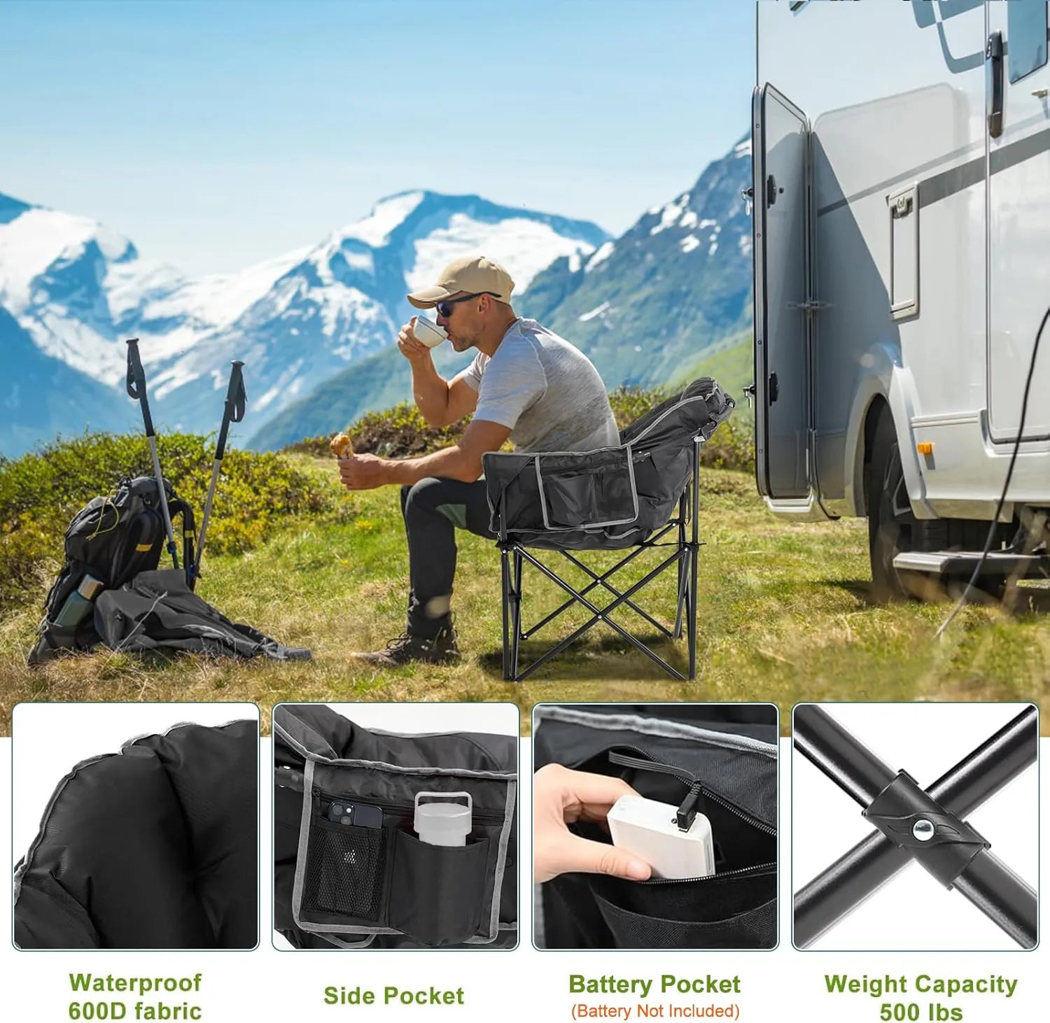 Slsy Oversized Heated Camping Chair Heats Back and Seat, Heating Portable Camp Chair with 3 Heat Levels, Heavy Duty Heated Moon Chair for Lawn, Outdoor, Picnic, Lounge Patio