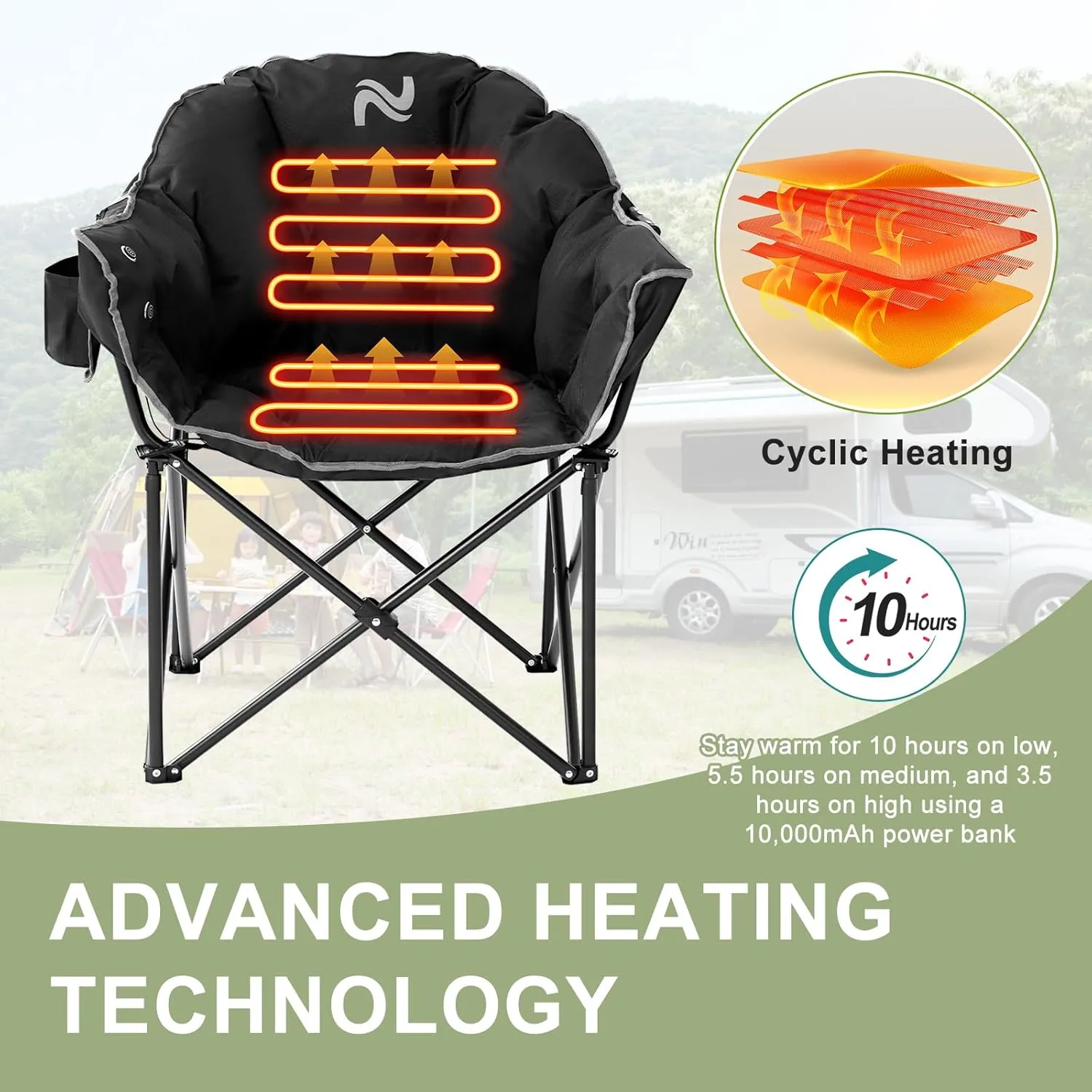 Slsy Oversized Heated Camping Chair Heats Back and Seat, Heating Portable Camp Chair with 3 Heat Levels, Heavy Duty Heated Moon Chair for Lawn, Outdoor, Picnic, Lounge Patio