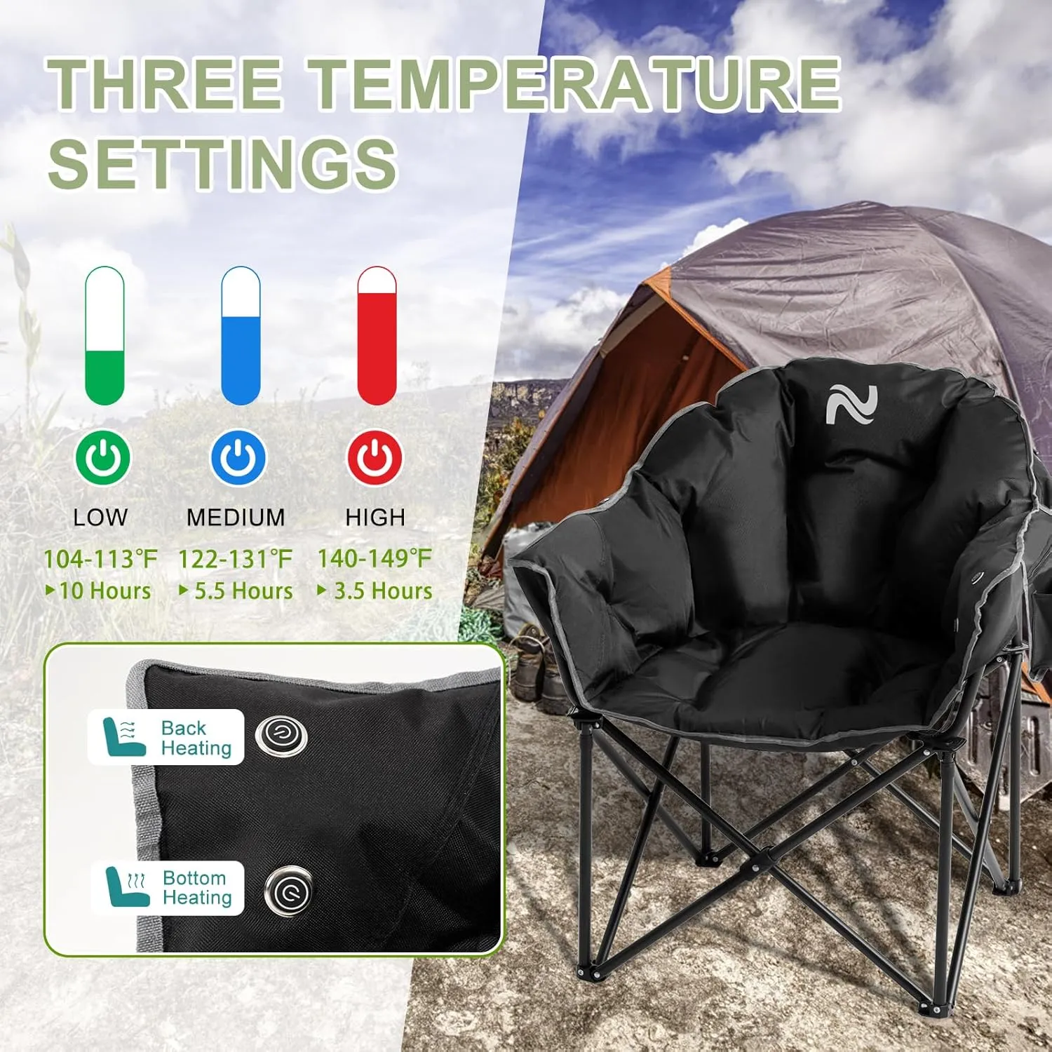Slsy Oversized Heated Camping Chair Heats Back and Seat, Heating Portable Camp Chair with 3 Heat Levels, Heavy Duty Heated Moon Chair for Lawn, Outdoor, Picnic, Lounge Patio