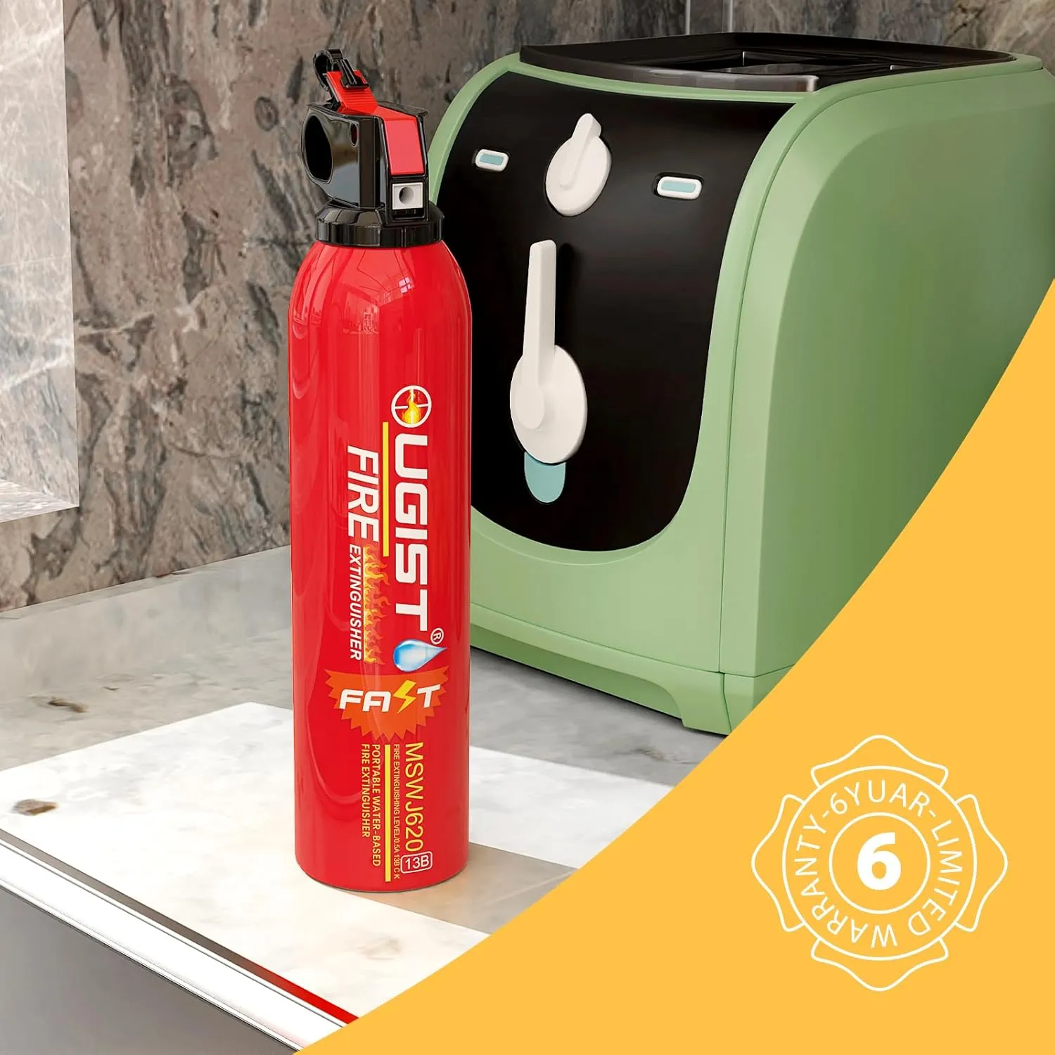 Small Portable Fire Extinguisher for Home and Kitchen, 21oz Each, 6-Pack, Water-Based Fire Extinguishers for Quick Emergency Response, Prevent Re-Ignition, Ideal for Vehicle and Camping, MSJ620