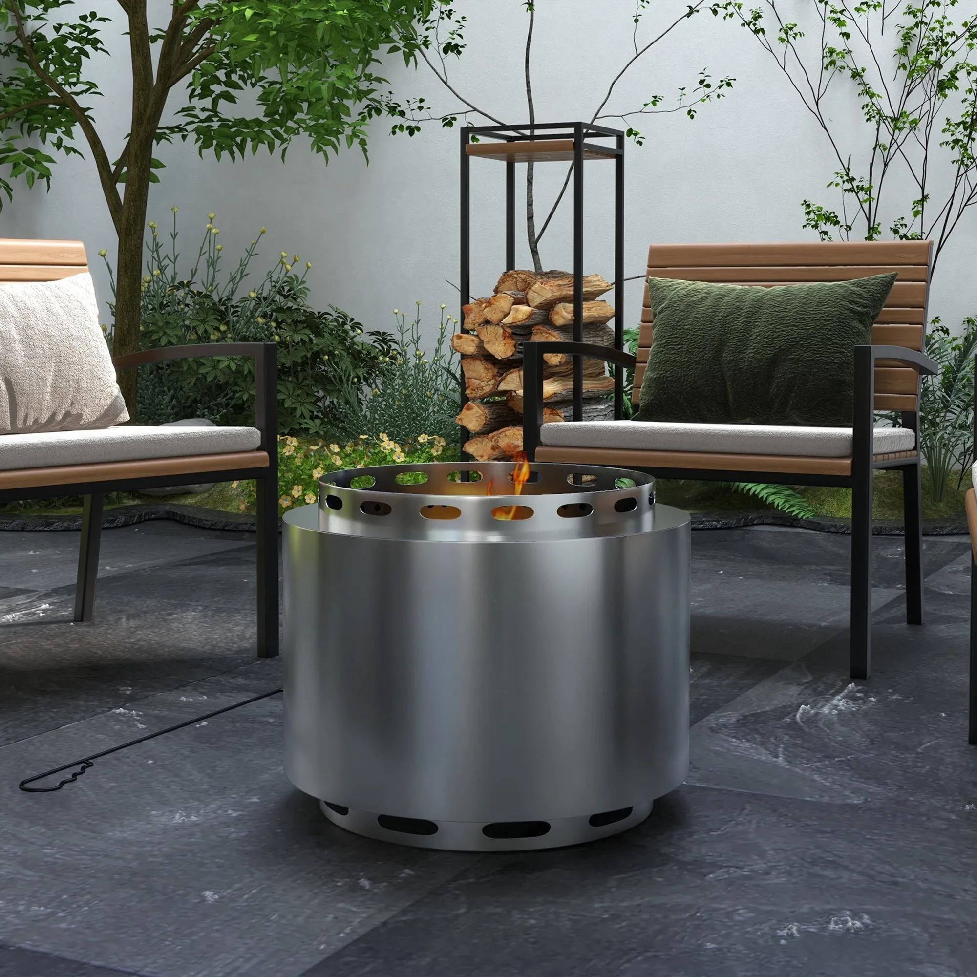 Smokeless Fire Pit, 48.5cm Portable Wood Burning Firepit with Poker for Garden Camping Bonfire Party, Stainless Steel, Silver