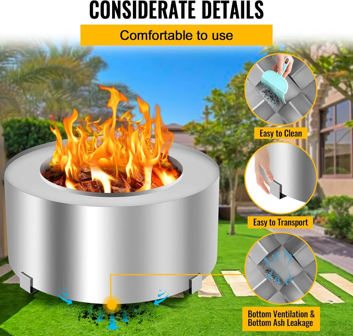 Smokeless Fire Pits Outdoor 28.5 Inch Stainless Steel Stove Bonfire Wood Burning Firepit for Picnic Camping Backyard