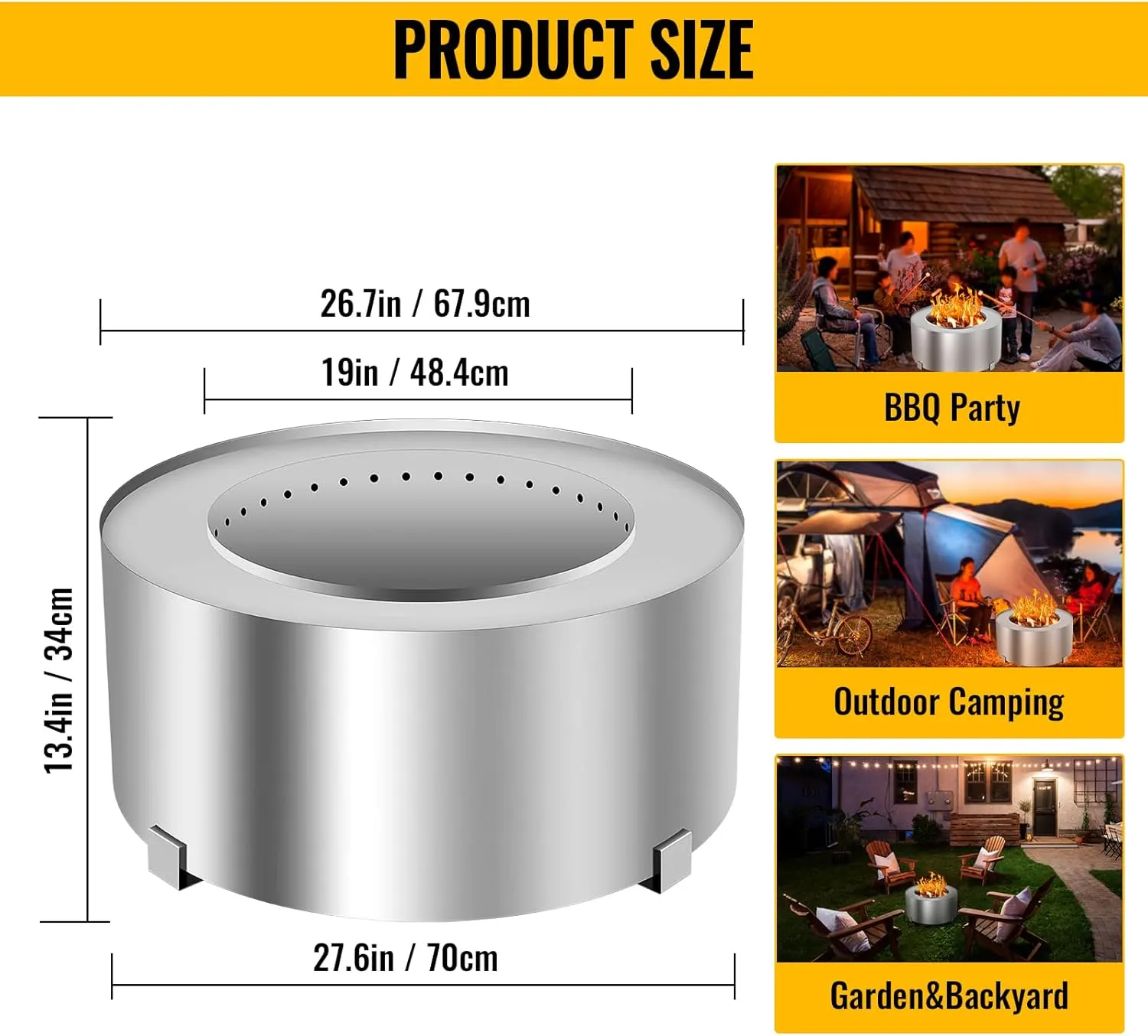 Smokeless Fire Pits Outdoor 28.5 Inch Stainless Steel Stove Bonfire Wood Burning Firepit for Picnic Camping Backyard