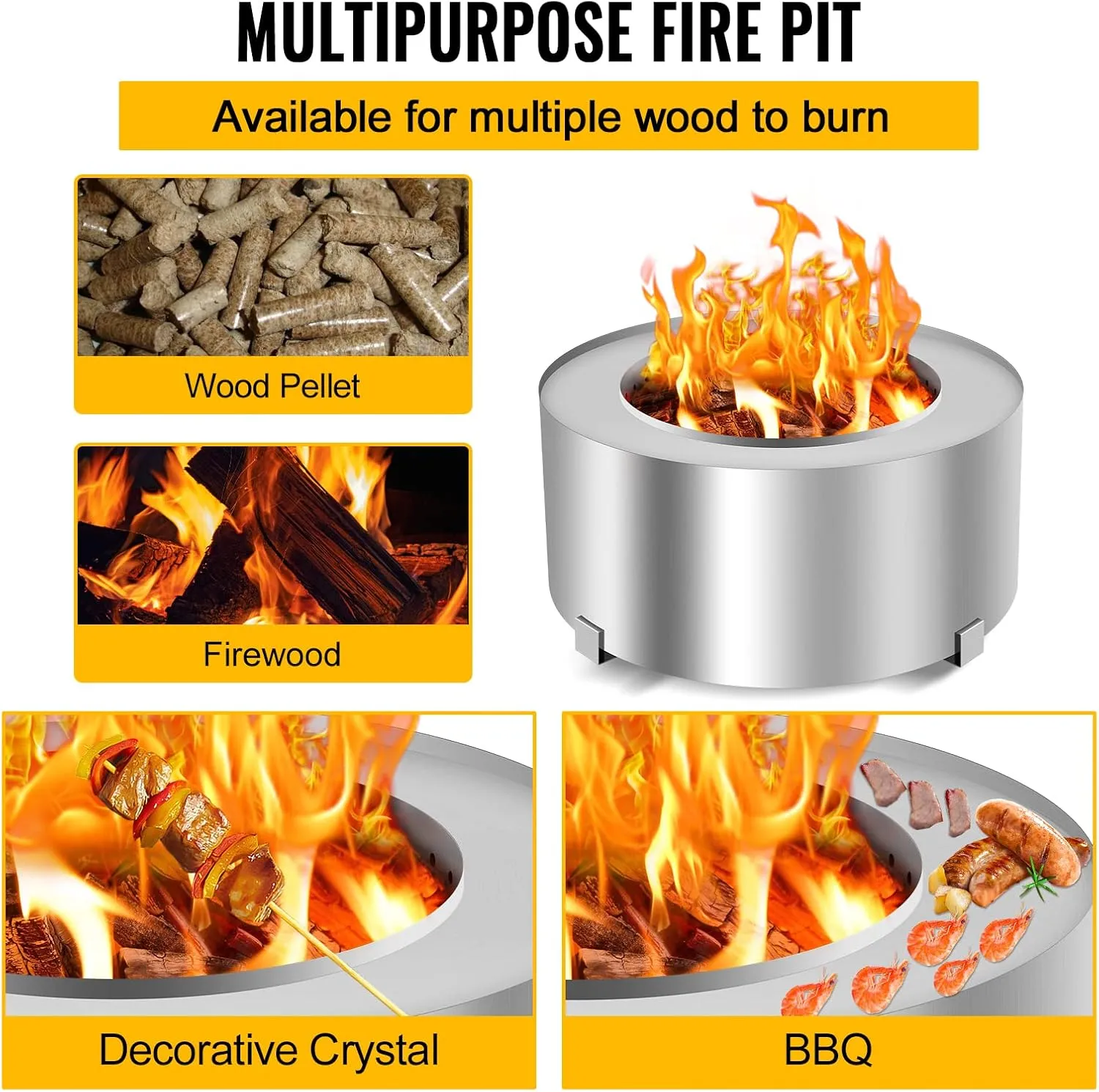 Smokeless Fire Pits Outdoor 28.5 Inch Stainless Steel Stove Bonfire Wood Burning Firepit for Picnic Camping Backyard