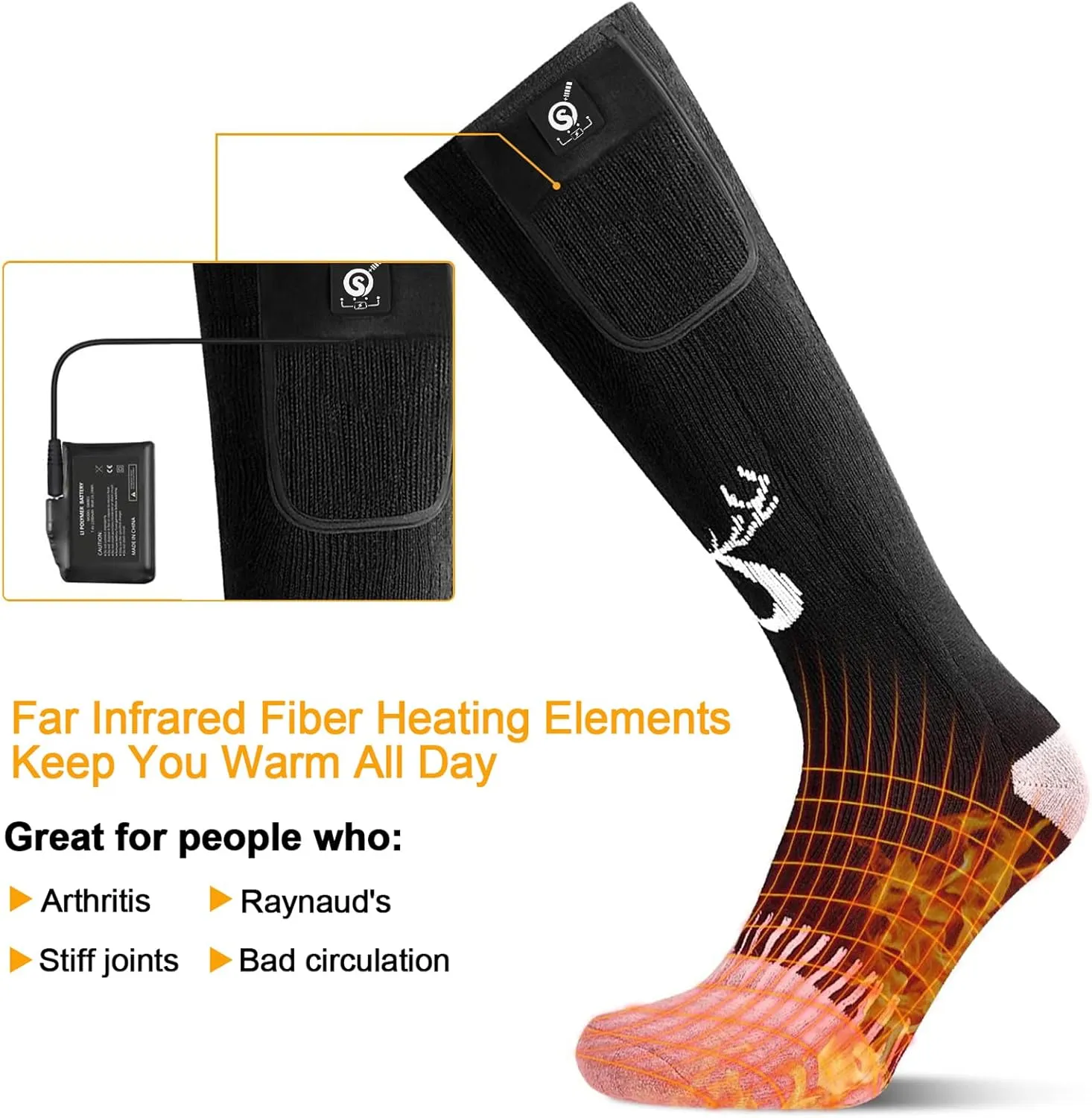 SNOW DEER Upgraded Rechargeable Electric Heated Socks,7.4V 2200mAh Battery Powered Cold Weather Heat Socks for Men Women,Outdoor Riding Camping Hiking Motorcycle Skiing Warm Winter Socks