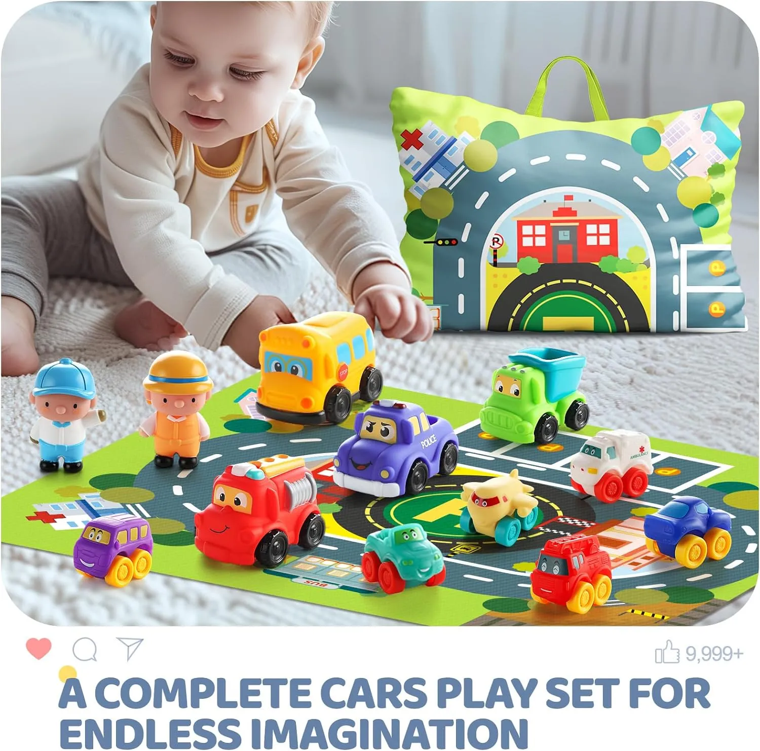 Soft Rubber Toy Figure Car for 1 Year Old Boy with Playmat (Storage Bag)|12 PCS Cartoon Cars Baby Toys for 12-18 Months & Toddler Age 1-2|First Birthday, Valentine Gift for 1 2 3 Year Old Boy