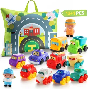 Soft Rubber Toy Figure Car for 1 Year Old Boy with Playmat (Storage Bag)|12 PCS Cartoon Cars Baby Toys for 12-18 Months & Toddler Age 1-2|First Birthday, Valentine Gift for 1 2 3 Year Old Boy