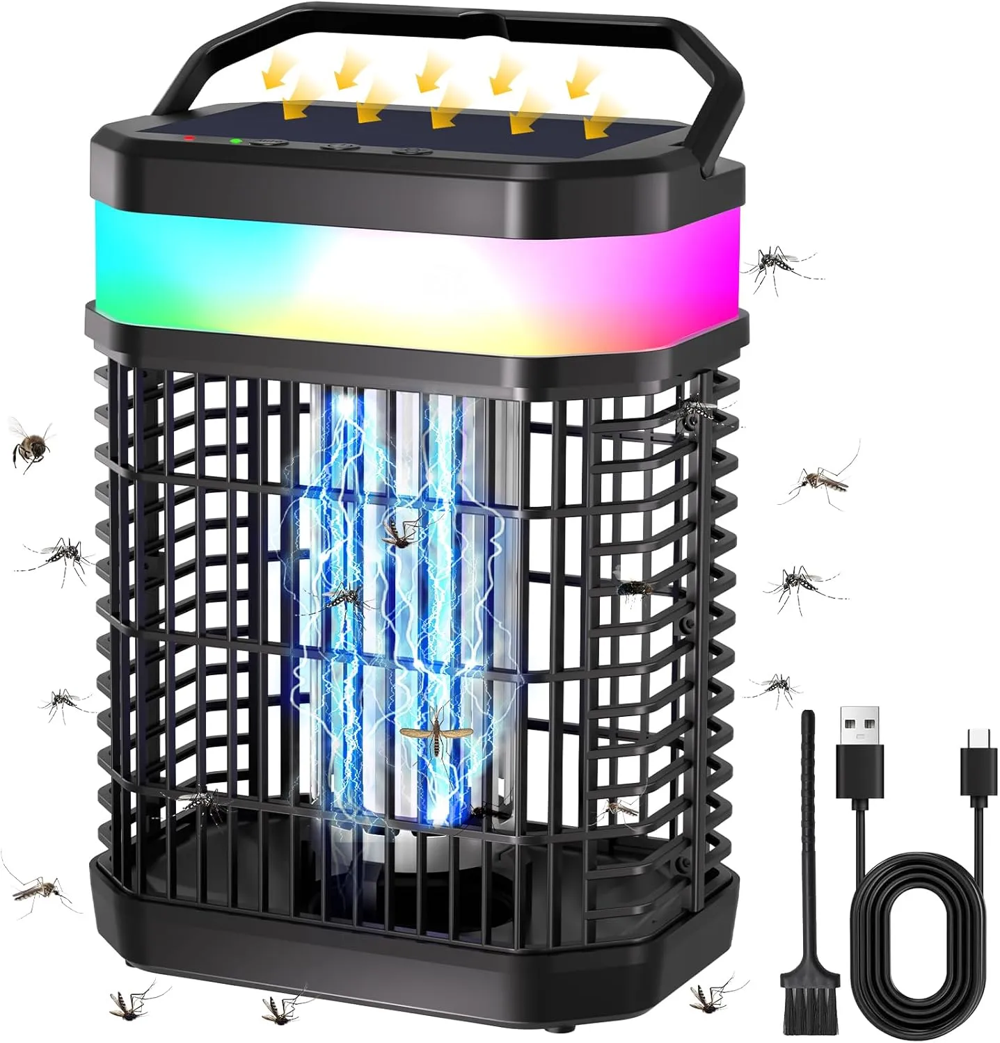 Solar Bug Zapper Outdoor 4000V Mosquito Zapper Solar Power 2IN1 Fly Zapper with 5500mAh Battery & LED Light,Electric Fly Trap with Hook,Cordless & Rechargeable Mosquito Killer for Home Patio Camping