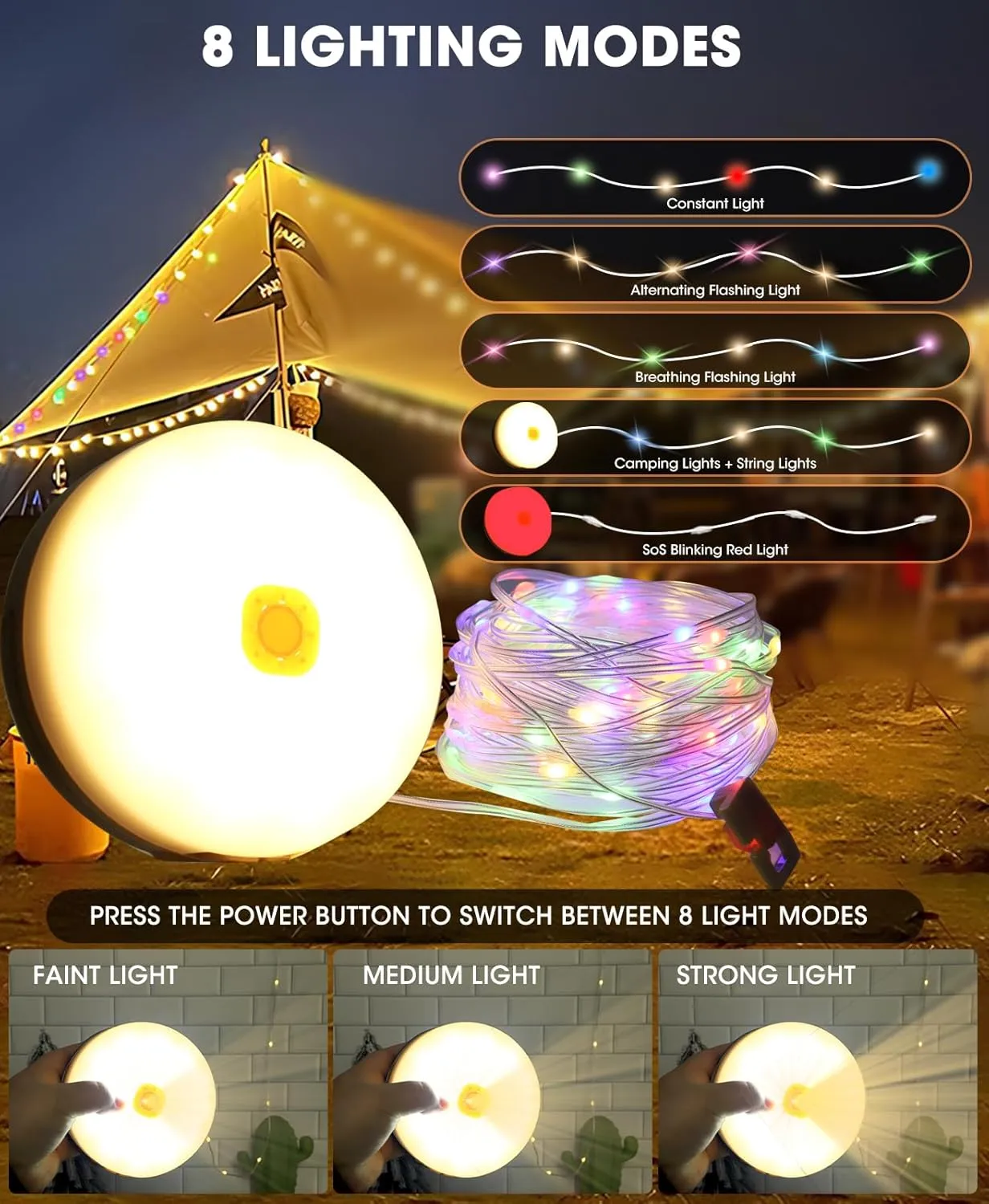 Solar Camping String Lights , 2 in 1 Multi-Color Outdoor String Lights with 8 Lighting Modes(39.4Ft), Solar Power and USB Rechargeable , Waterproof Portable Camping Lights for Hiking Yard