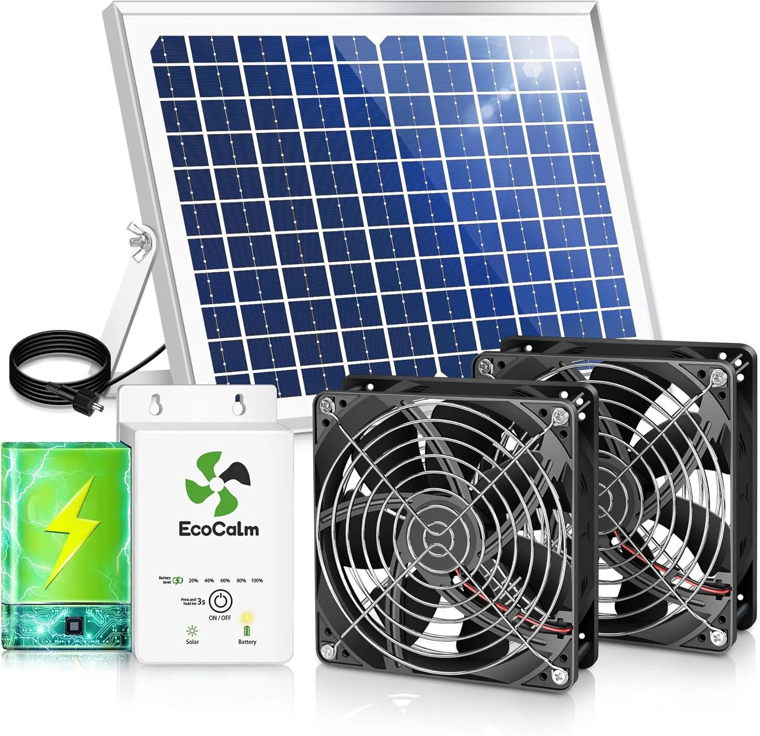 Solar Exhaust Fan for Chicken Coop with Battery, Solar Powered Fan with 25W Bifacial Solar Panel & Dual 5.5" Fans Kits