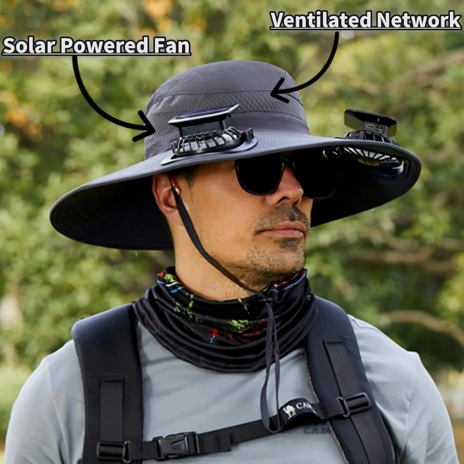 Solar Fan Hat for Men, Wide Brim Outdoor Fishing Hat 2 Solar Powered Fans 3-Speed Adjustable Cooling for Hiking, Camping