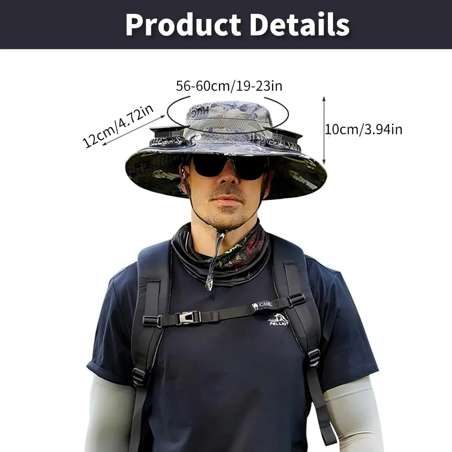 Solar Fan Hat for Men, Wide Brim Outdoor Fishing Hat 2 Solar Powered Fans 3-Speed Adjustable Cooling for Hiking, Camping